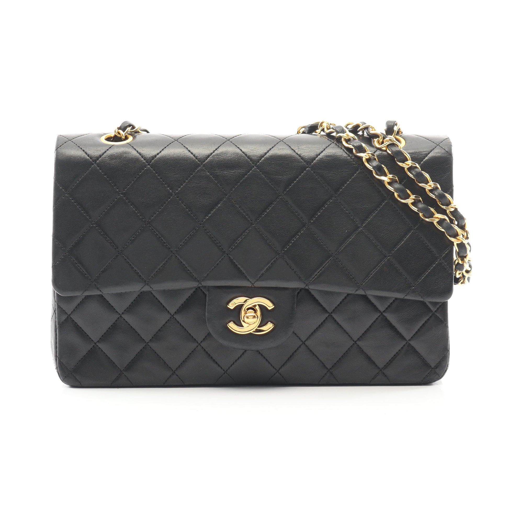 マトラッセ Wフラップ Wチェーンショルダーバッグ ラムスキン ブラック ゴールド金具 ヴィンテージ シャネル バッグ CHANEL
