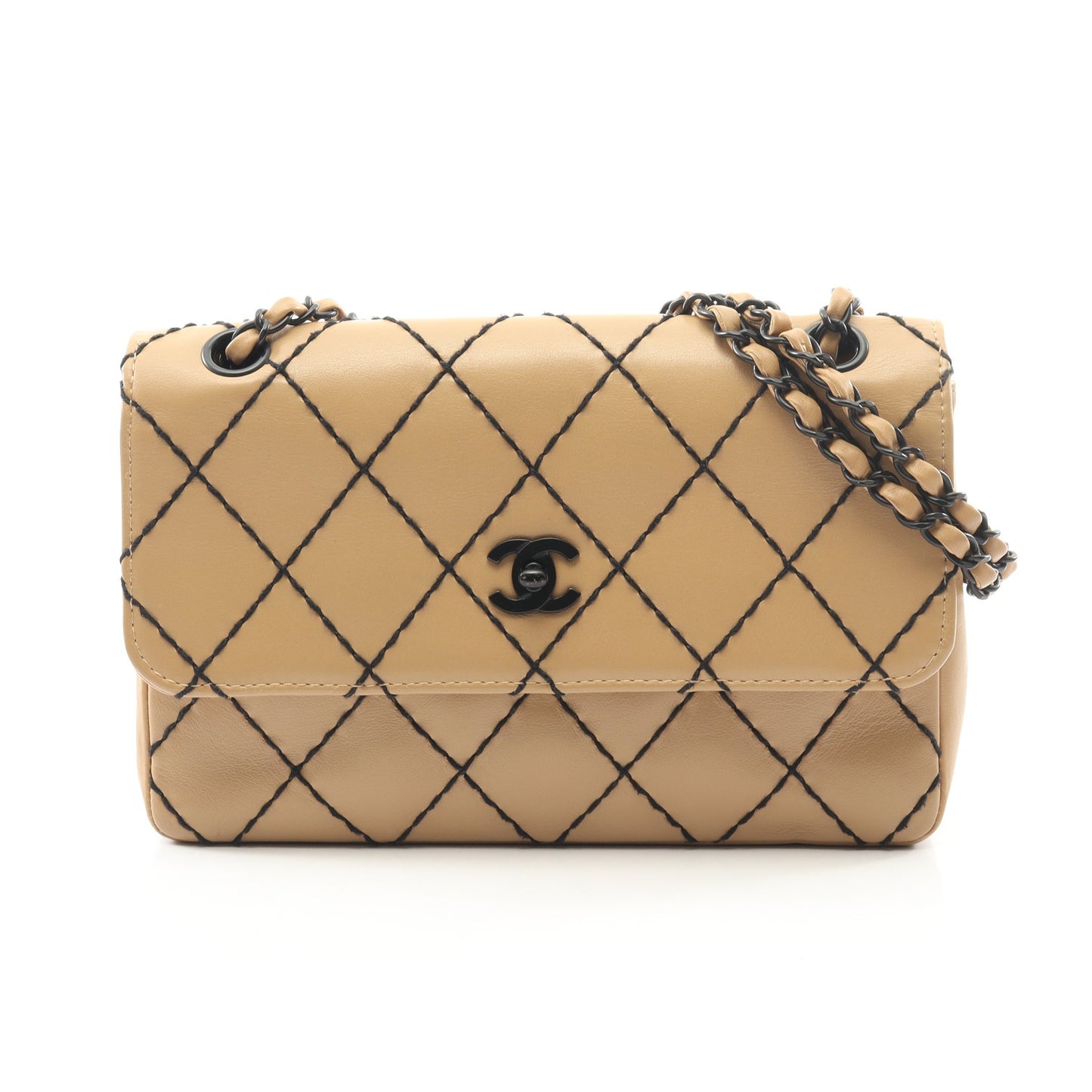 ワイルドステッチ Wチェーンショルダーバッグ レザー ベージュ ブラック金具 シャネル バッグ CHANEL