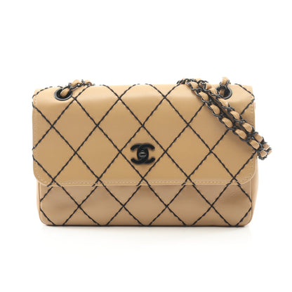 ワイルドステッチ Wチェーンショルダーバッグ レザー ベージュ ブラック金具 シャネル バッグ CHANEL