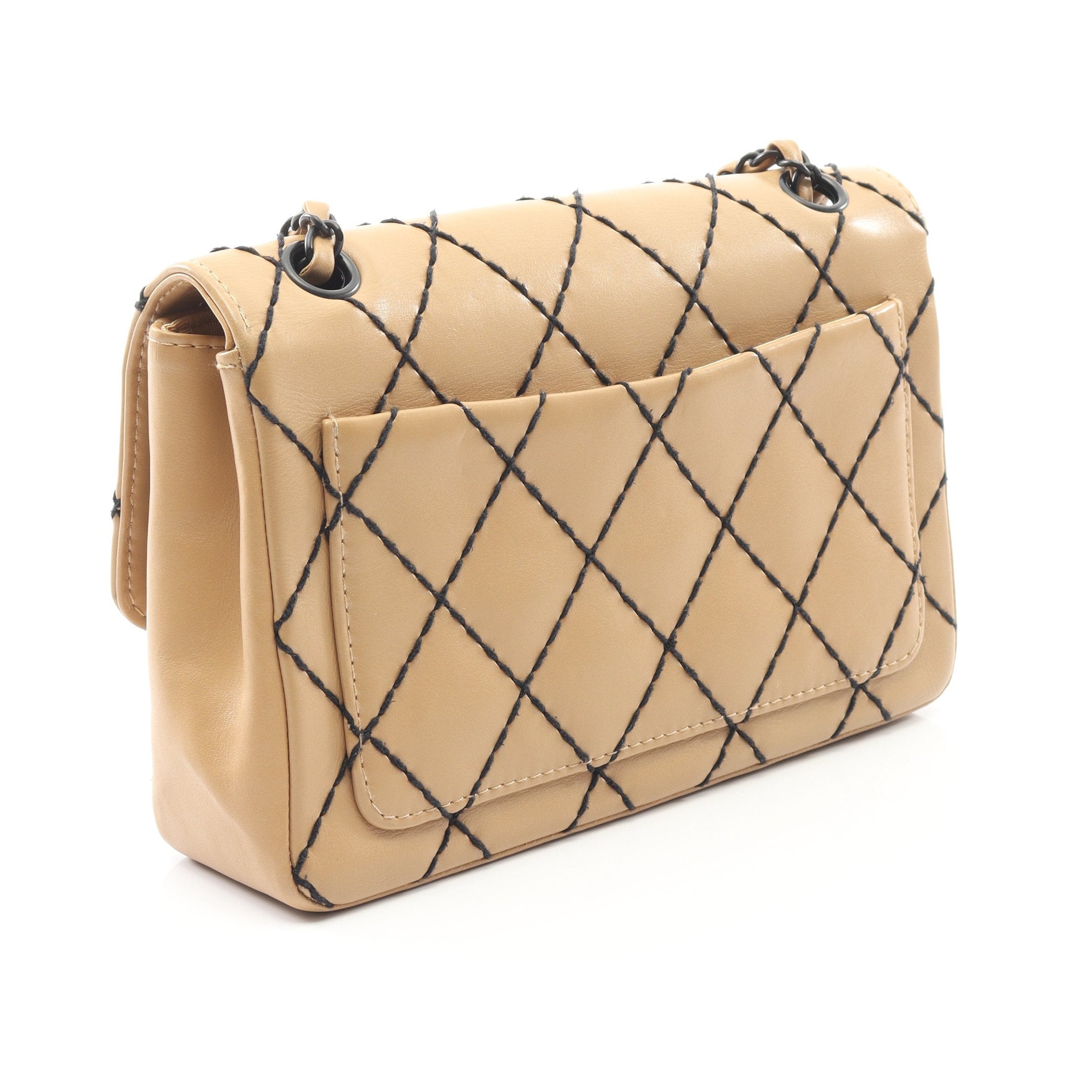 本物 シャネル CHANEL ココマーク ワイルドステッチ チェーン ショルダーバッグ ラムスキン レザー ベージュ Wild Stitch バッグ 中古 シャネル ワイルドステッチ ショルダーバッグ レザー ベージュ