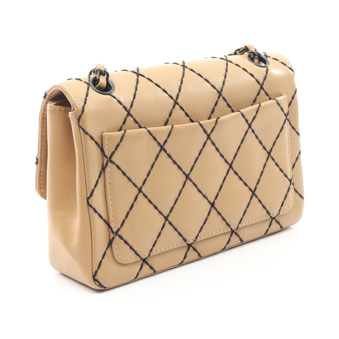ワイルドステッチ Wチェーンショルダーバッグ レザー ベージュ ブラック金具 シャネル バッグ CHANEL