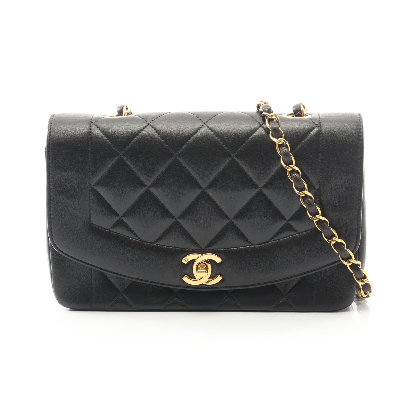 マトラッセ ダイアナフラップ チェーンショルダーバッグ ラムスキン ブラック ゴールド金具 シャネル バッグ CHANEL