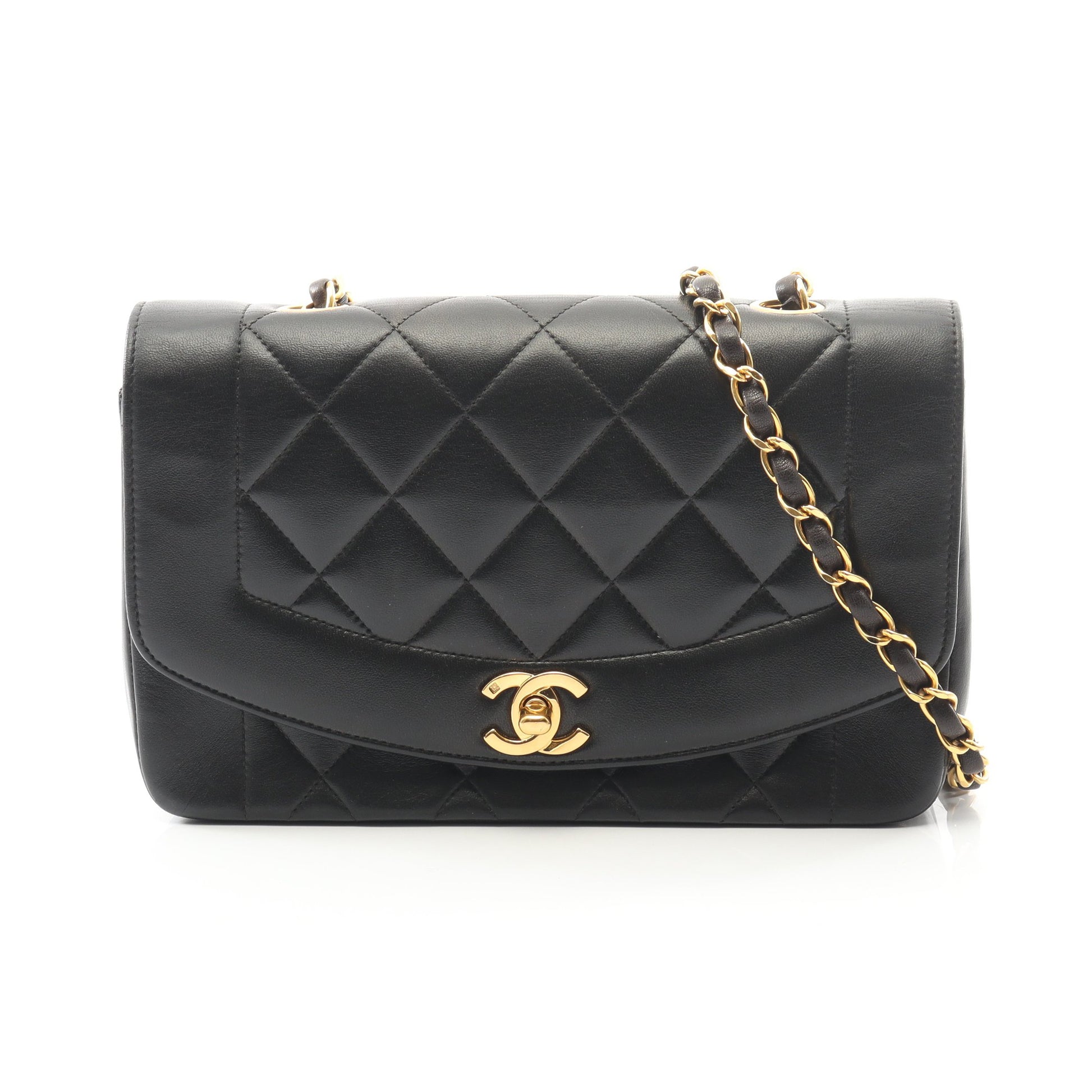 マトラッセ ダイアナフラップ チェーンショルダーバッグ ラムスキン ブラック ゴールド金具 シャネル バッグ CHANEL