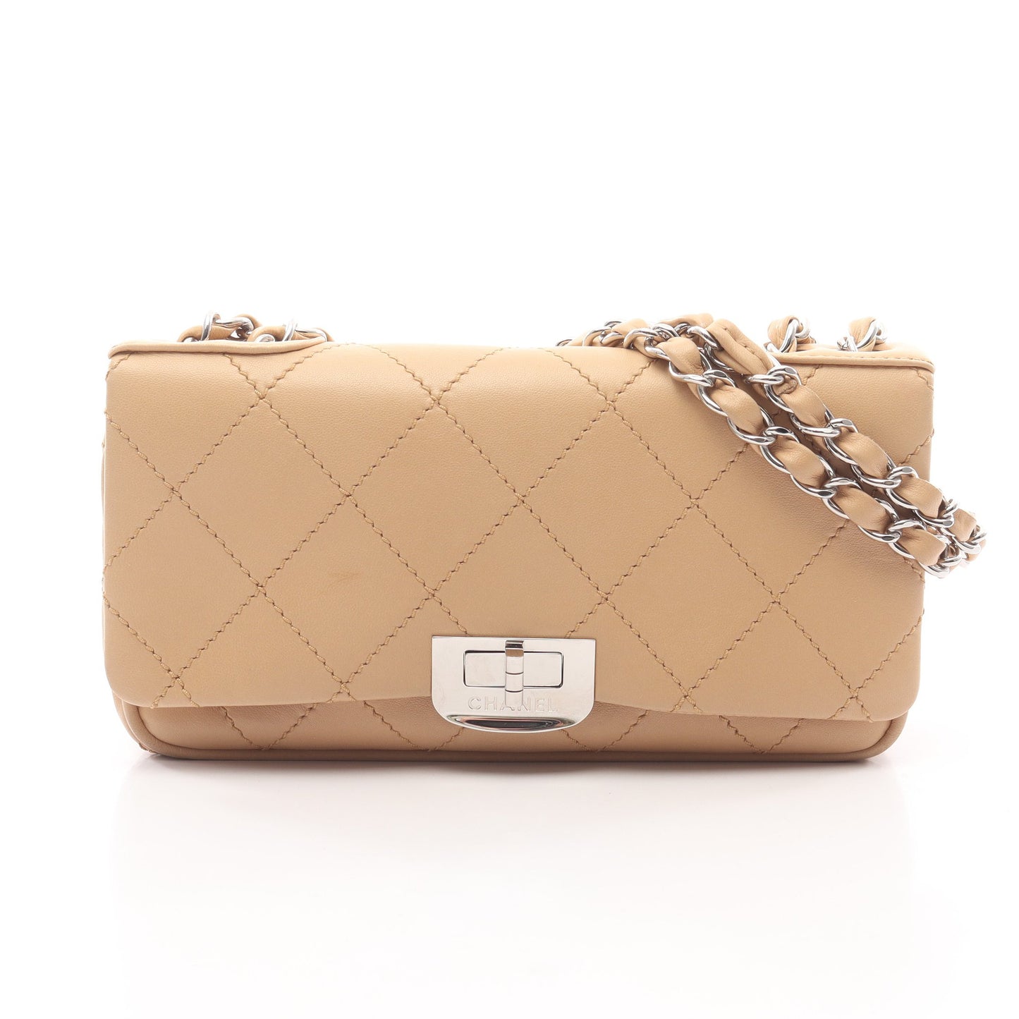 2.55 ワイルドステッチ Wチェーンショルダーバッグ ラムスキン ベージュ シルバー金具 シャネル バッグ CHANEL