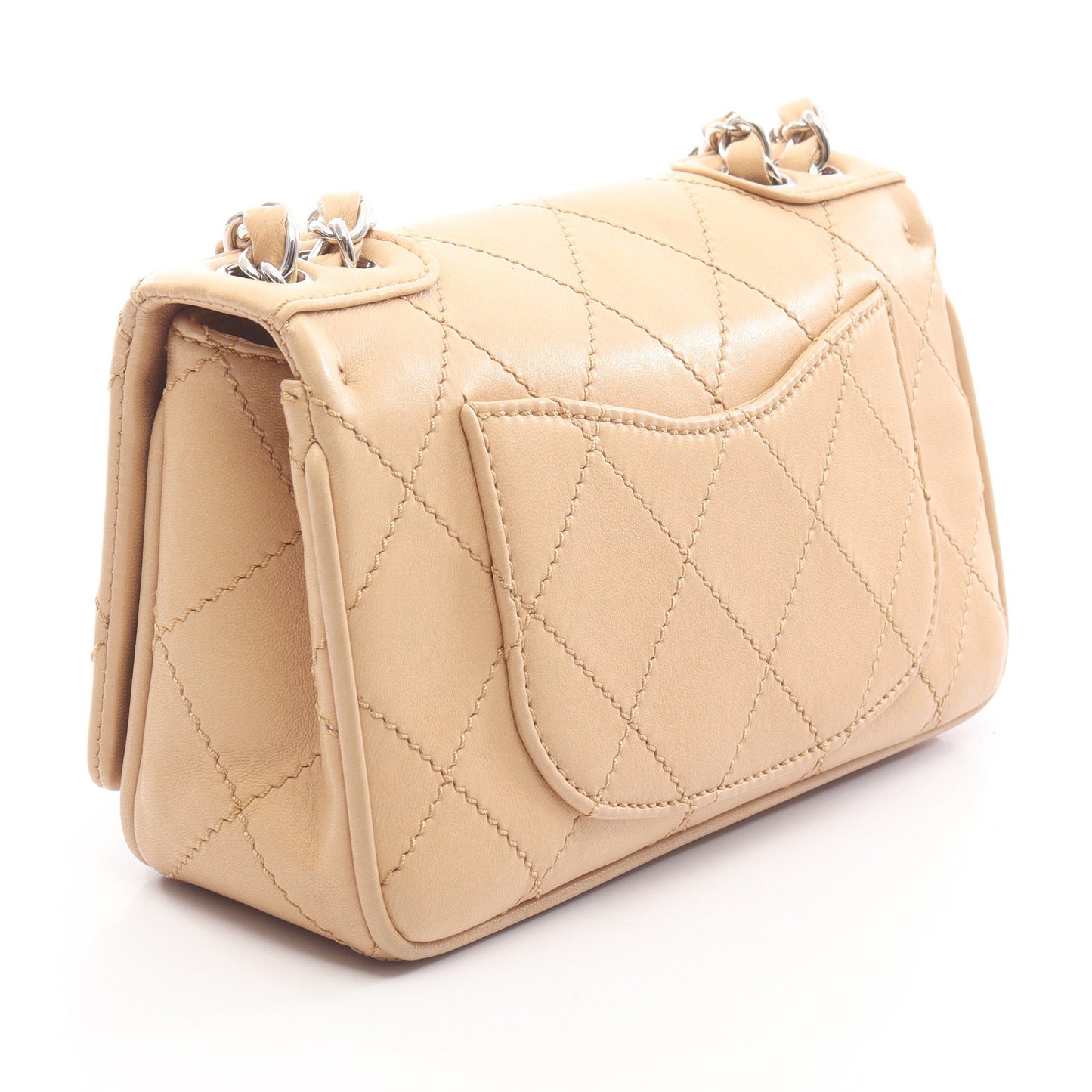 2.55 ワイルドステッチ Wチェーンショルダーバッグ ラムスキン ベージュ シルバー金具 シャネル バッグ CHANEL