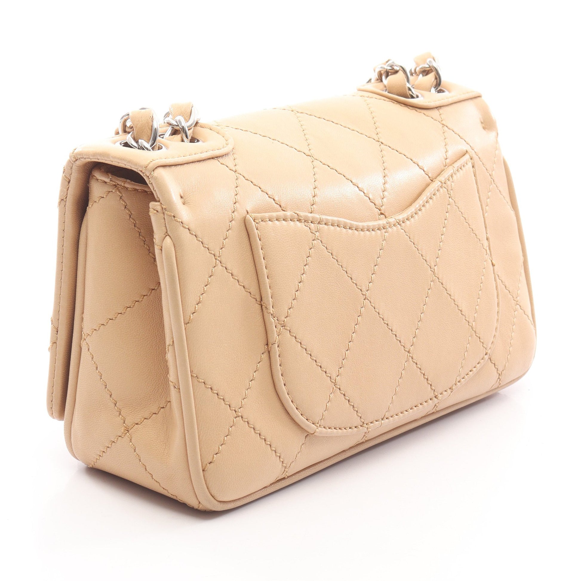 2.55 ワイルドステッチ Wチェーンショルダーバッグ ラムスキン ベージュ シルバー金具 シャネル バッグ CHANEL