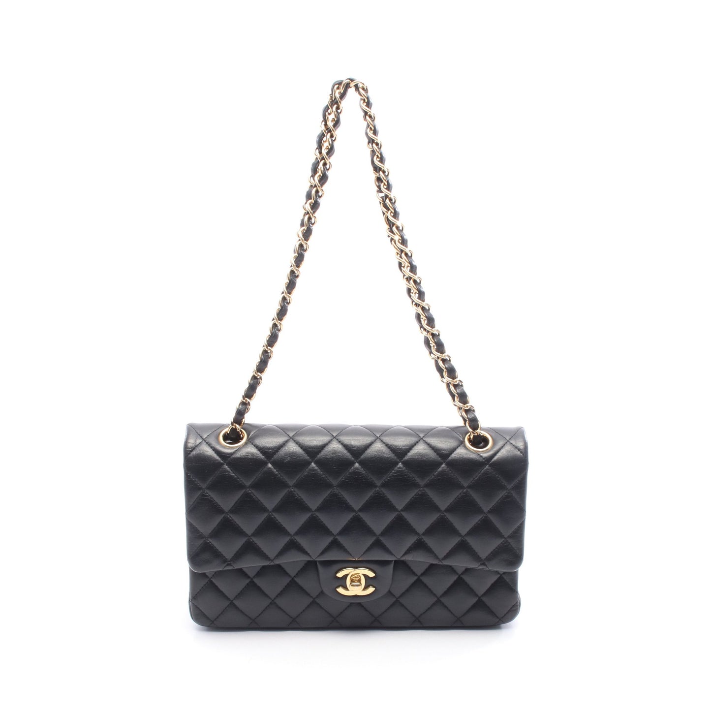 マトラッセ Wフラップ Wチェーンショルダーバッグ ラムスキン ブラック ゴールド金具 シャネル バッグ CHANEL