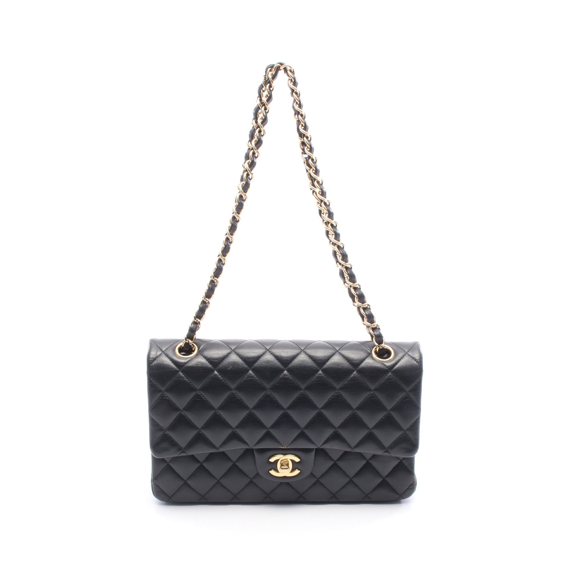 マトラッセ Wフラップ Wチェーンショルダーバッグ ラムスキン ブラック ゴールド金具 シャネル バッグ CHANEL