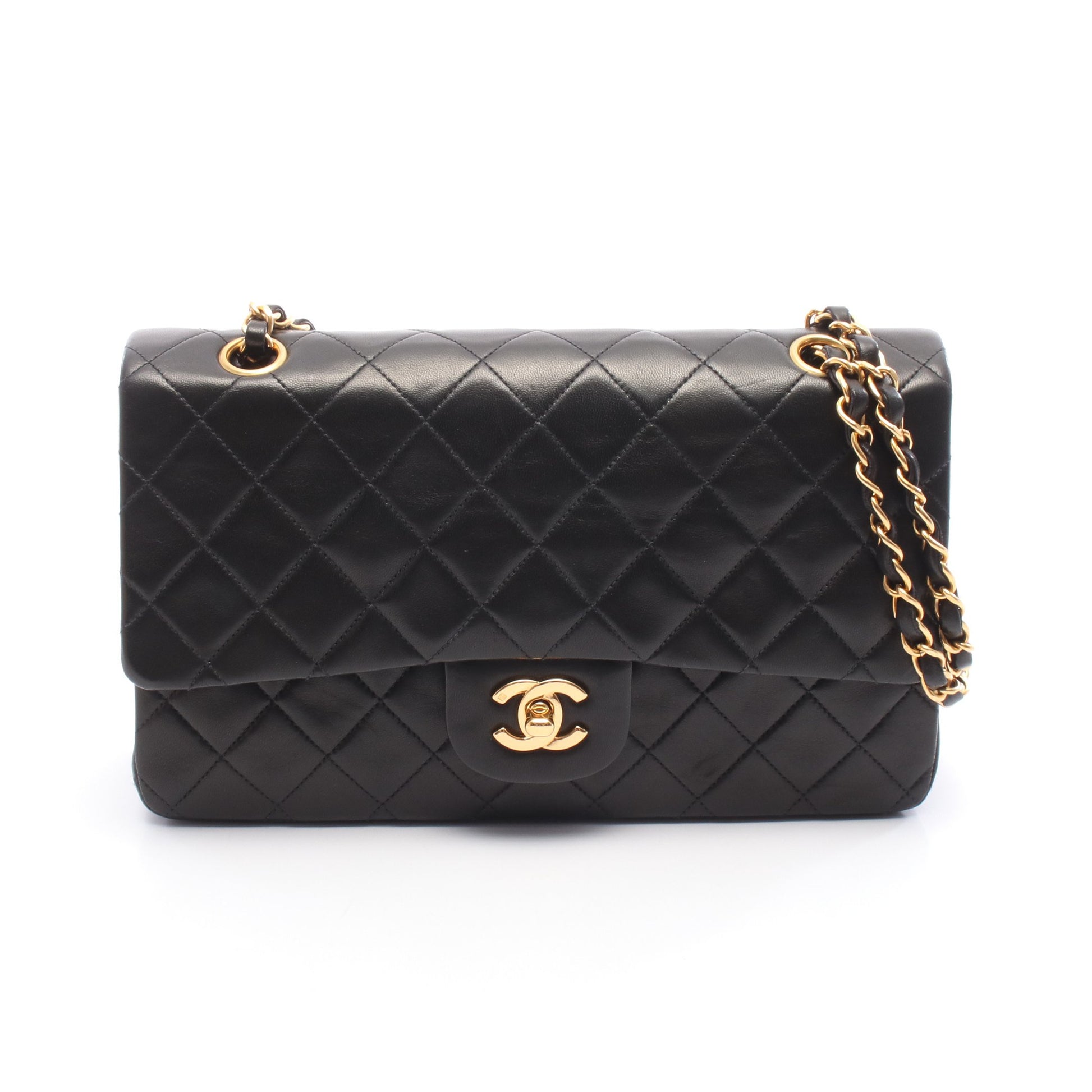 マトラッセ Wフラップ Wチェーンショルダーバッグ ラムスキン ブラック ゴールド金具 シャネル バッグ CHANEL