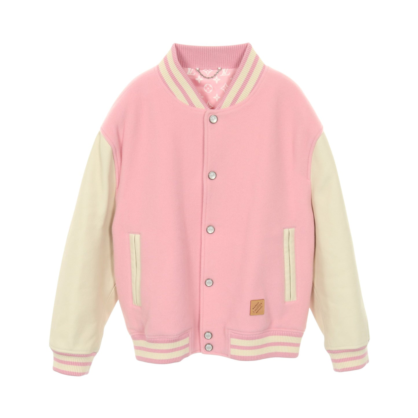 シグネチャーレザー バーシティジャケット スタジャン ジャケット ウール カシミヤ レザー ピンク ホワイト 25AW ルイヴィトン アウター LOUIS VUITTON