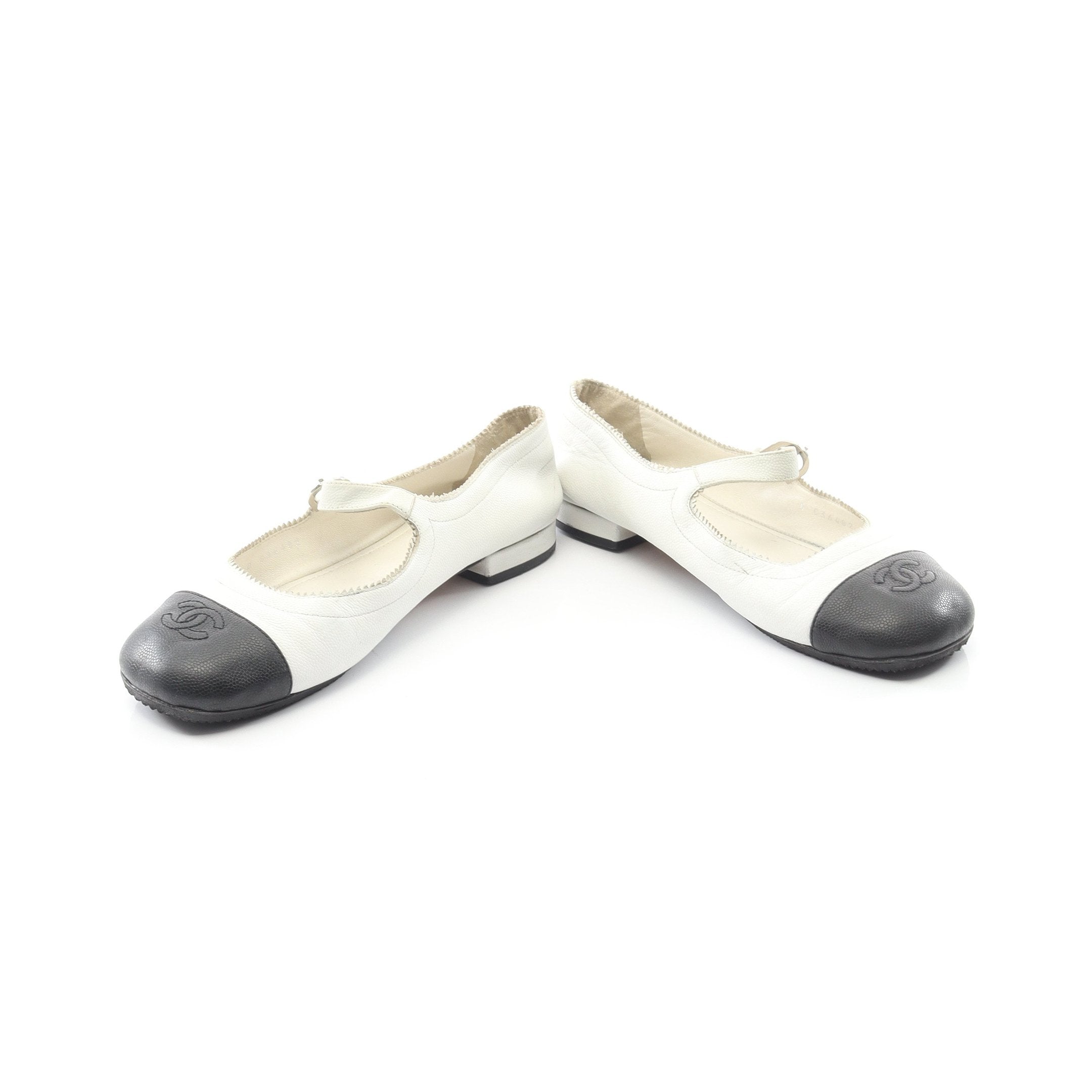 メリージェーン バレエシューズ レザー ホワイト ブラック シャネル