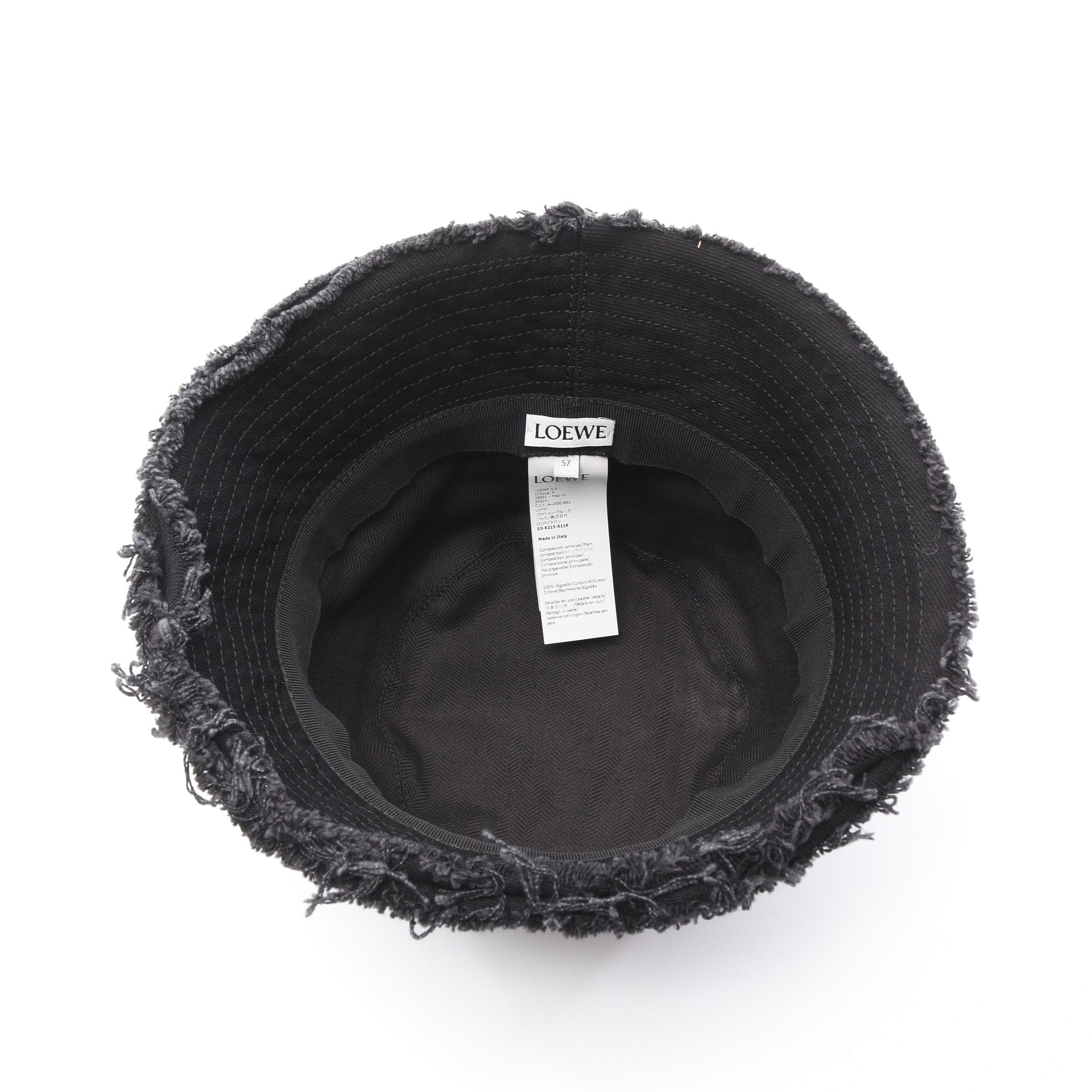 IZU✨ LOEWE バケットハット 帽子 レザーパッチ 黒 57 デニム FRAYED BUCKET HAT レザーロゴパッチ ハット デニム ブラック ロエベ