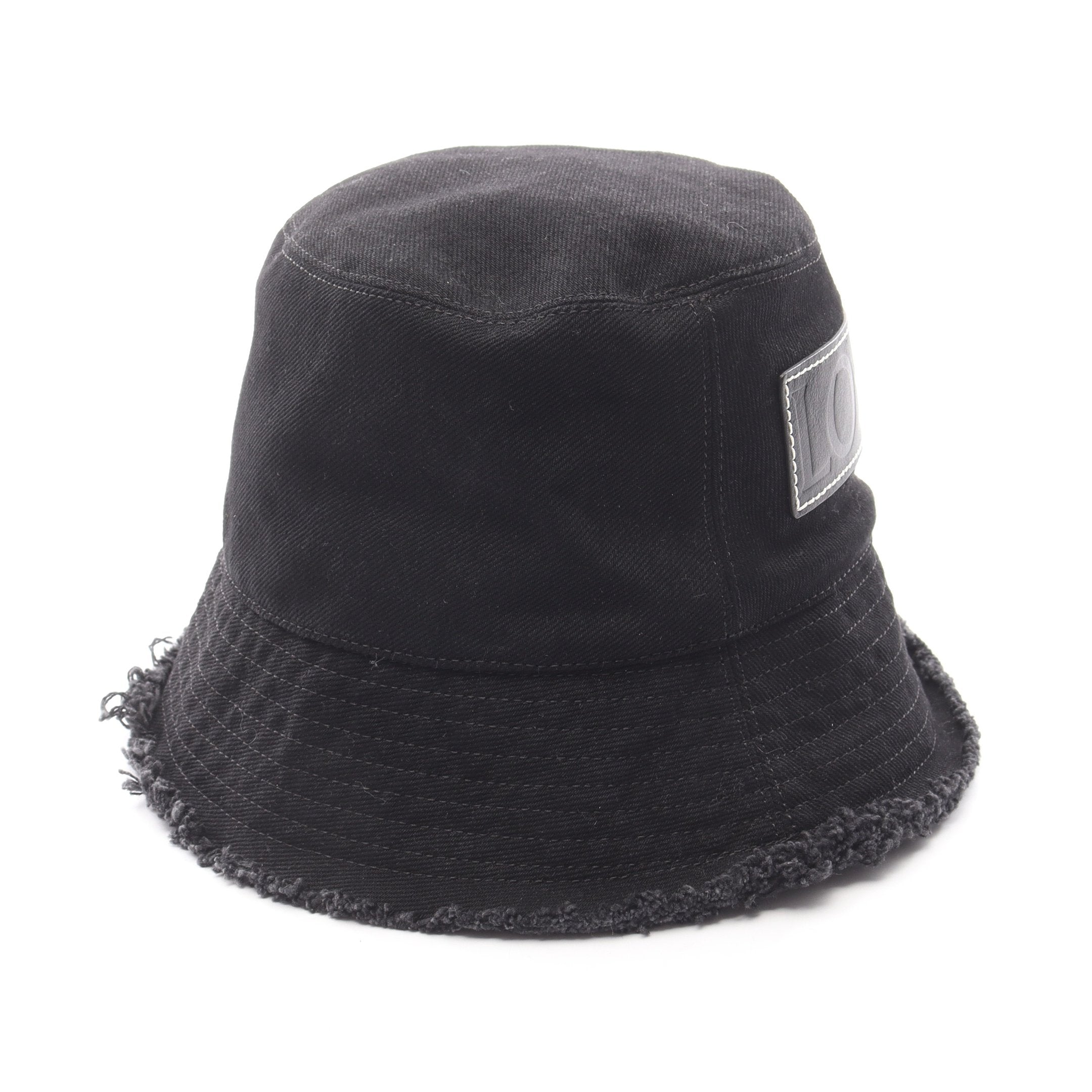 IZU✨ LOEWE バケットハット 帽子 レザーパッチ 黒 57 デニム FRAYED BUCKET HAT レザーロゴパッチ ハット デニム ブラック ロエベ