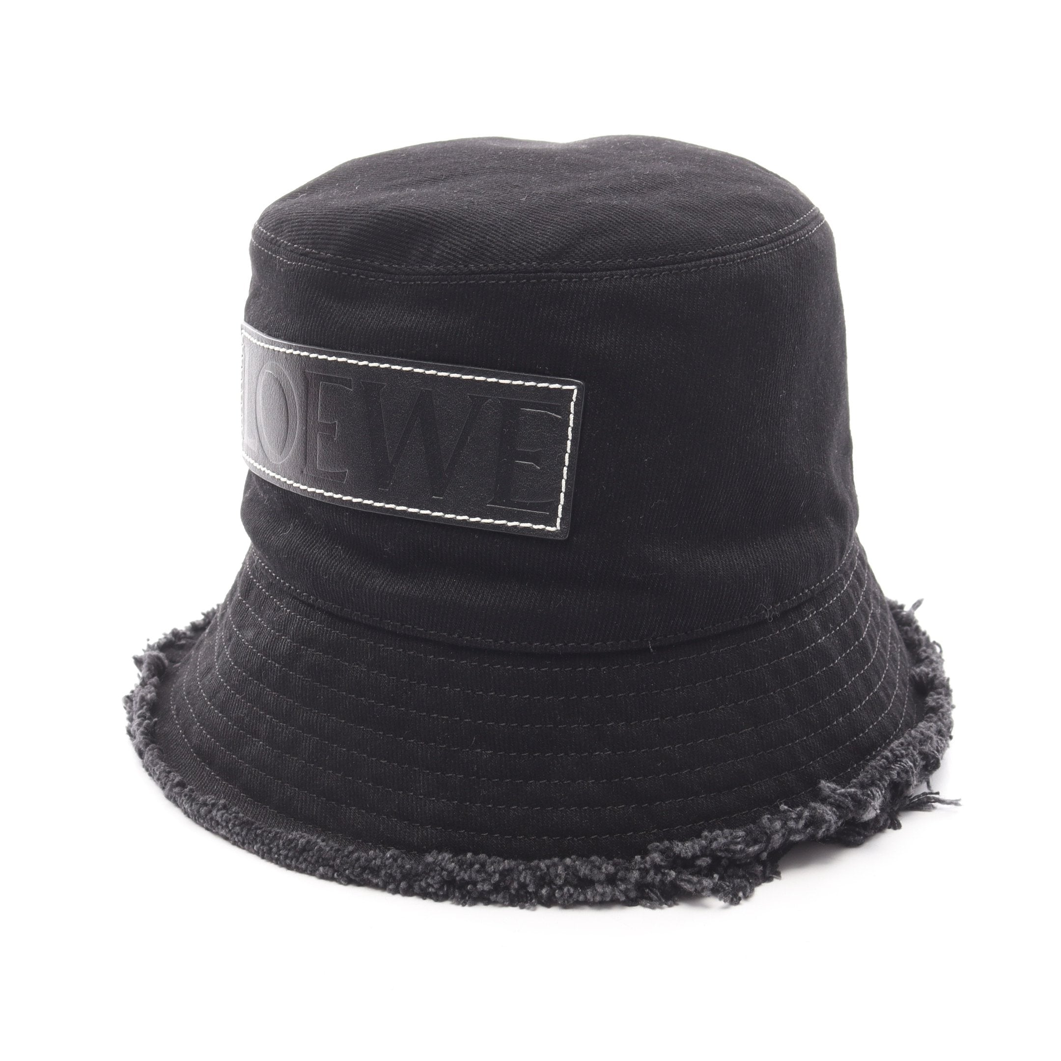 ロエベ レザー ロゴ パッチ フリンジ バケット ハットブラック 57 FRAYED BUCKET HAT レザーロゴパッチ ハット デニム ブラック ロエベ