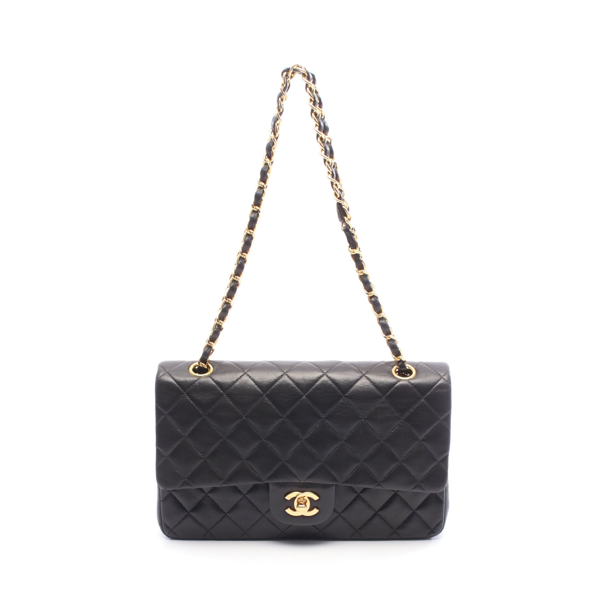 マトラッセ Wフラップ Wチェーンショルダーバッグ ラムスキン ブラック ゴールド金具 シャネル バッグ CHANEL