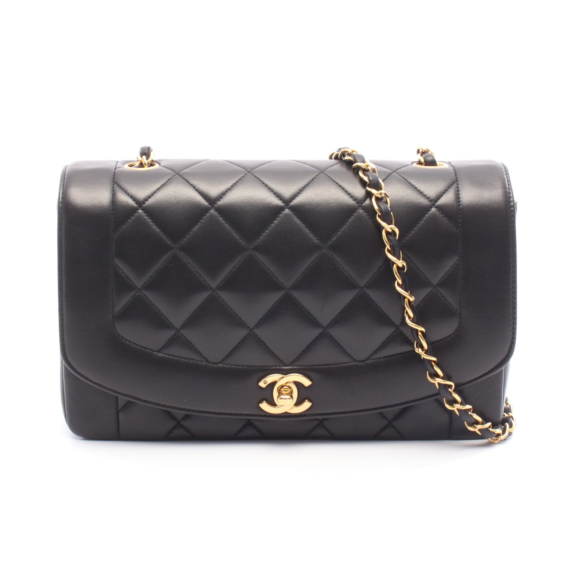 マトラッセ ダイアナフラップ チェーンショルダーバッグ ラムスキン ブラック ゴールド金具 シャネル バッグ CHANEL