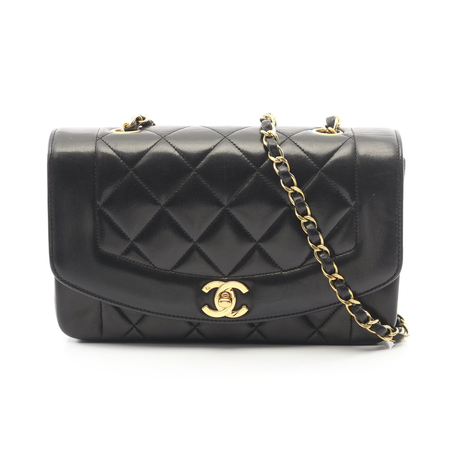 マトラッセ ダイアナフラップ チェーンショルダーバッグ ラムスキン ブラック ゴールド金具 シャネル バッグ CHANEL