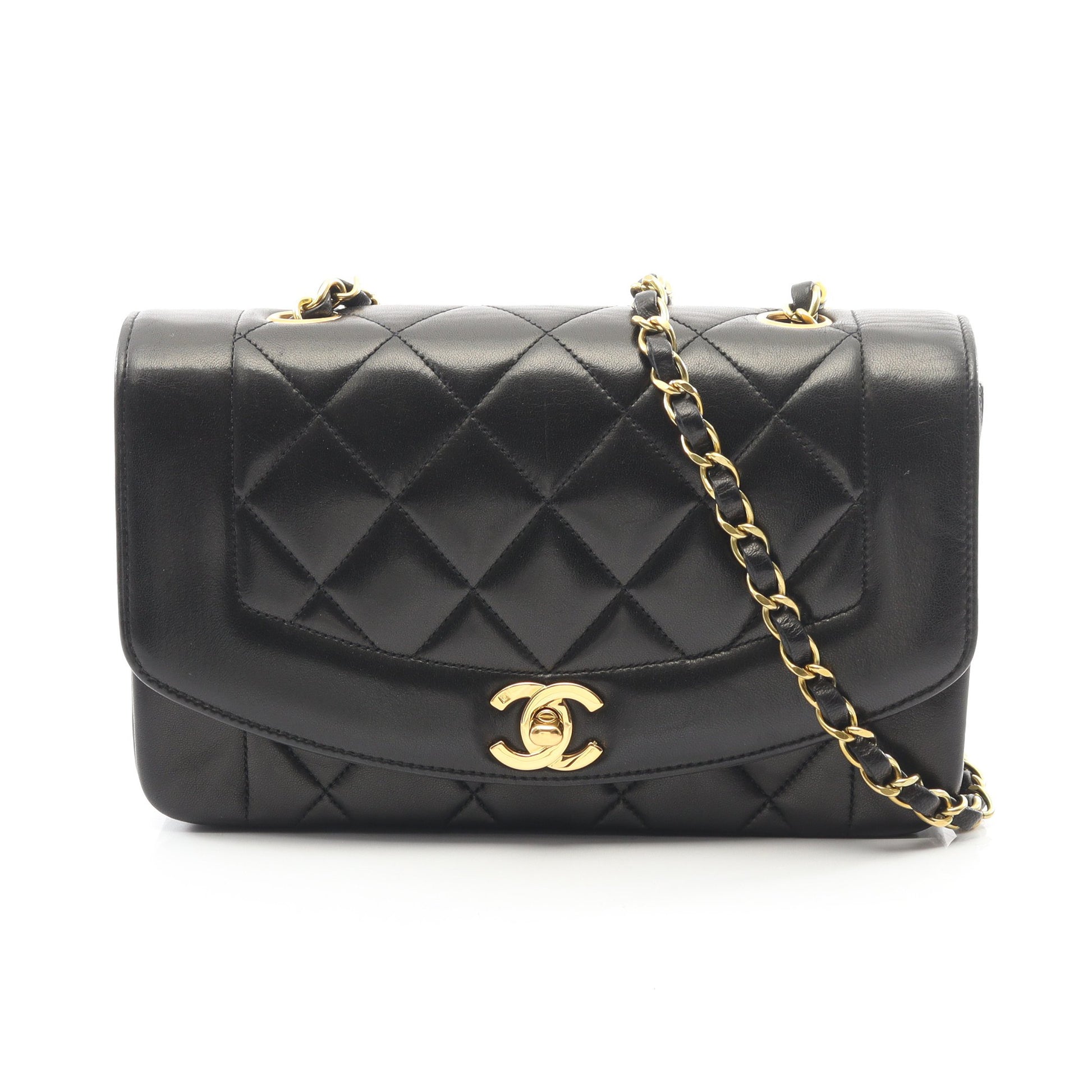 マトラッセ ダイアナフラップ チェーンショルダーバッグ ラムスキン ブラック ゴールド金具 シャネル バッグ CHANEL