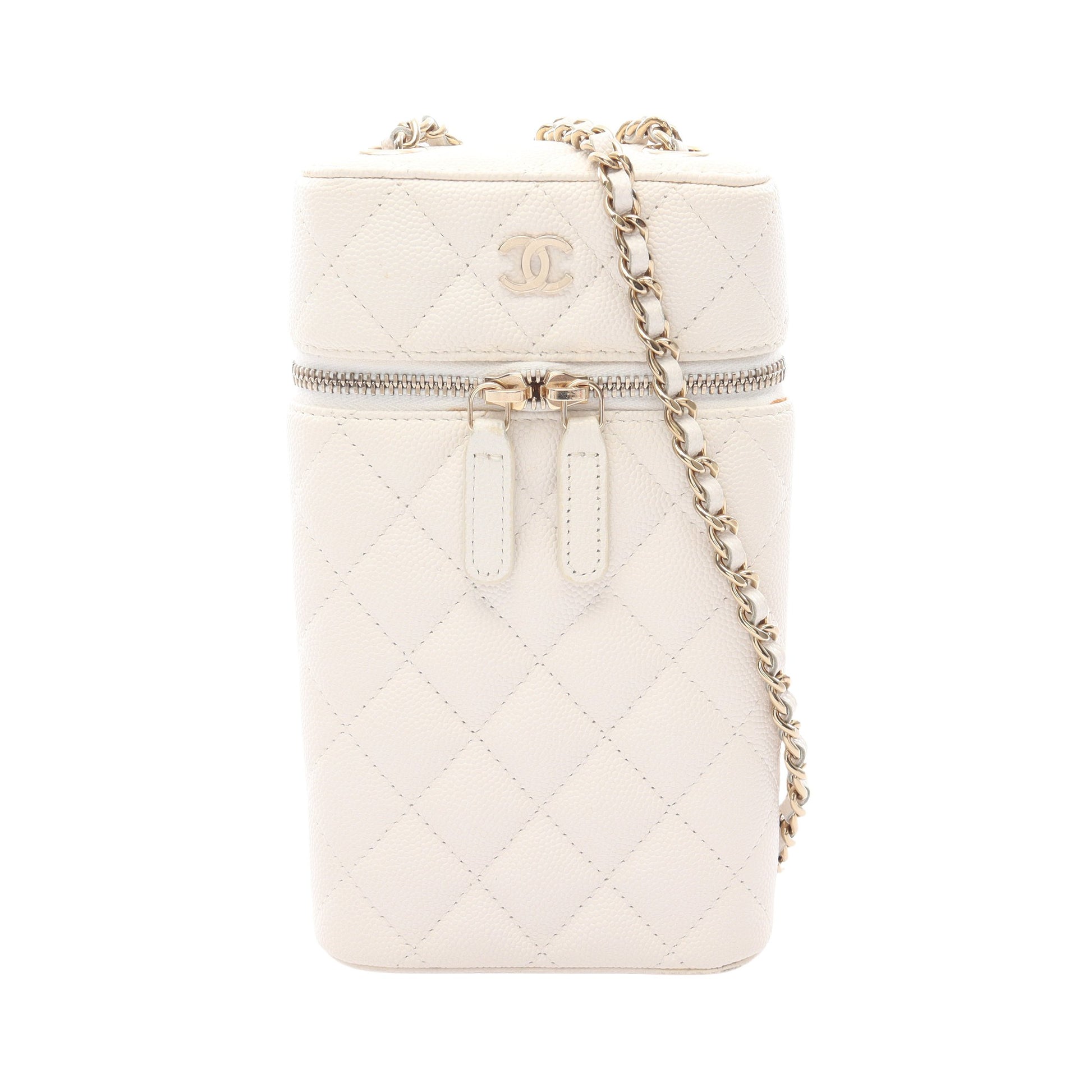 マトラッセ フォンホルダー チェーンショルダーバッグ キャビアスキン ホワイト ゴールド金具 シャネル バッグ CHANEL