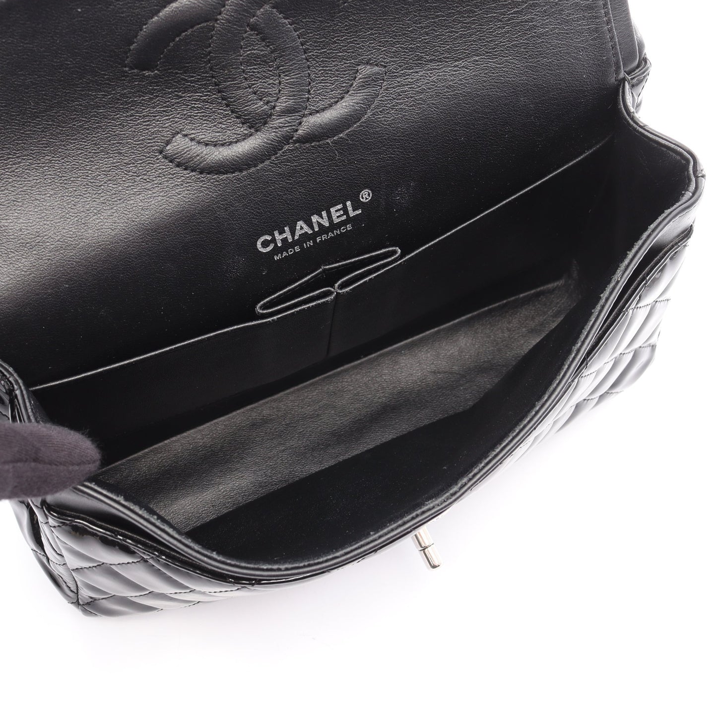 マトラッセ Wフラップ Wチェーンショルダーバッグ エナメルレザー ブラック シルバー金具 シャネル バッグ CHANEL