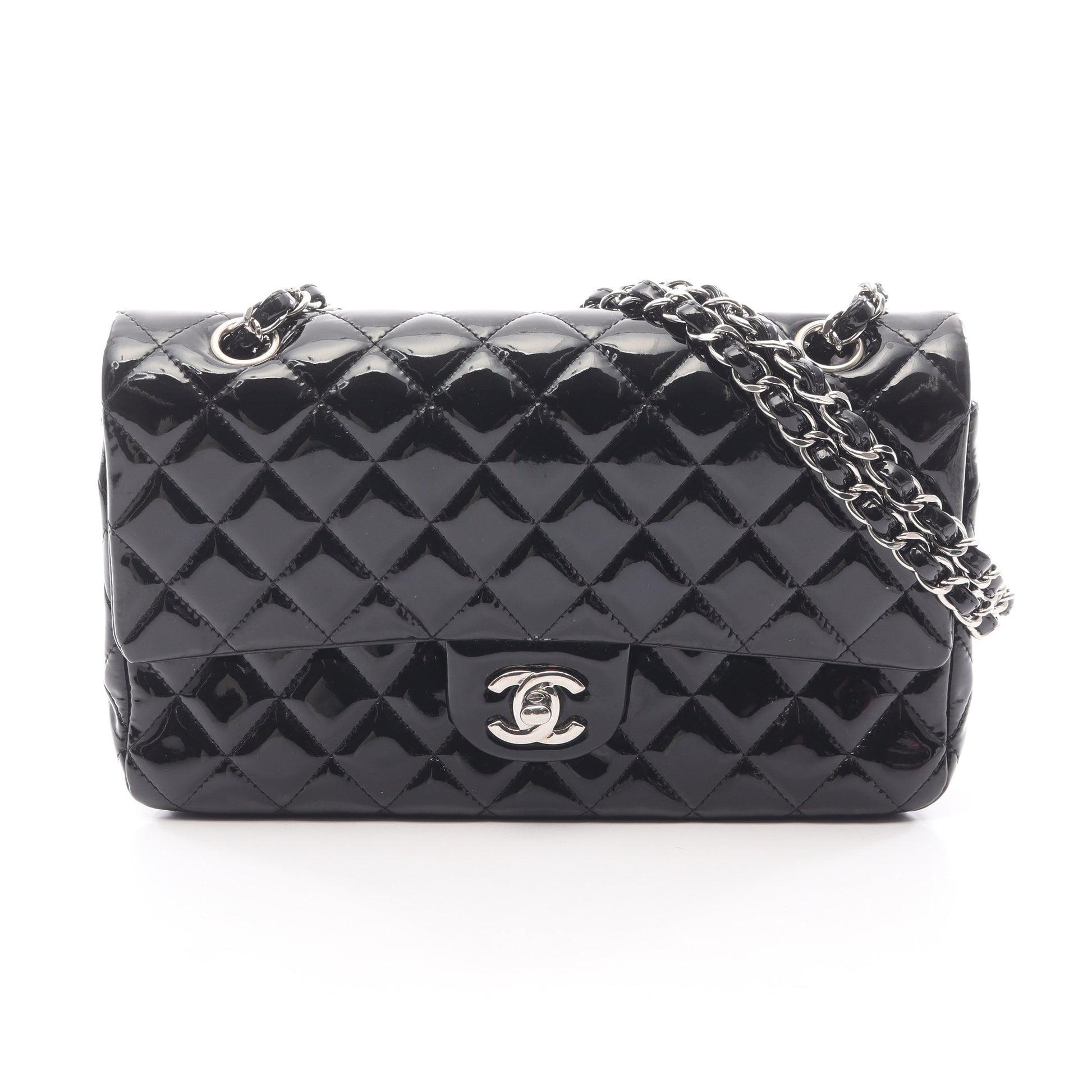 マトラッセ Wフラップ Wチェーンショルダーバッグ エナメルレザー ブラック シルバー金具 シャネル バッグ CHANEL