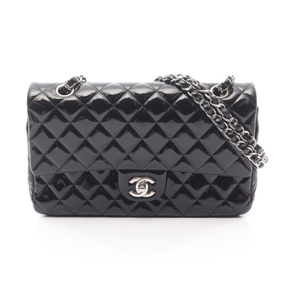 マトラッセ Wフラップ Wチェーンショルダーバッグ エナメルレザー ブラック シルバー金具 シャネル バッグ CHANEL