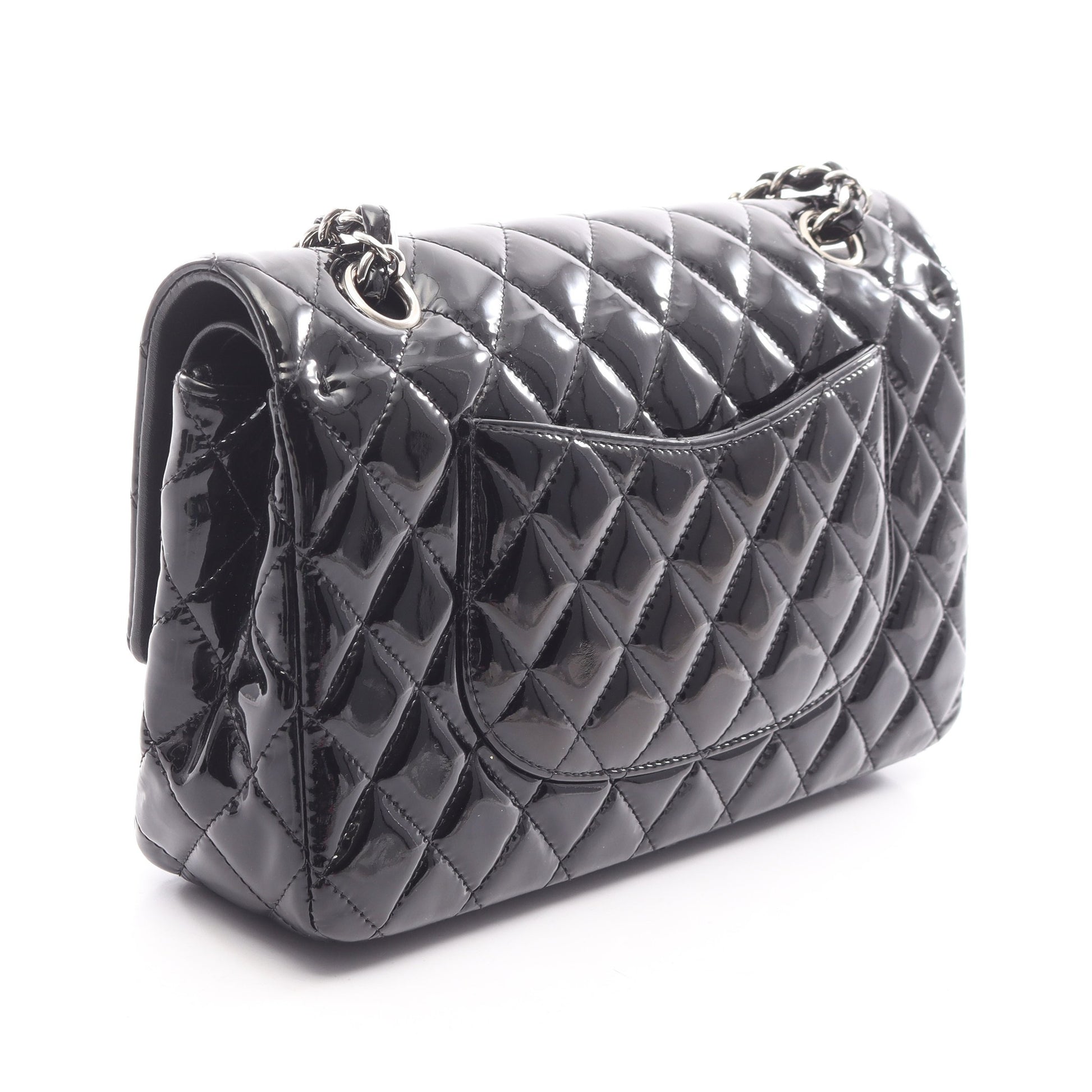 マトラッセ Wフラップ Wチェーンショルダーバッグ エナメルレザー ブラック シルバー金具 シャネル バッグ CHANEL
