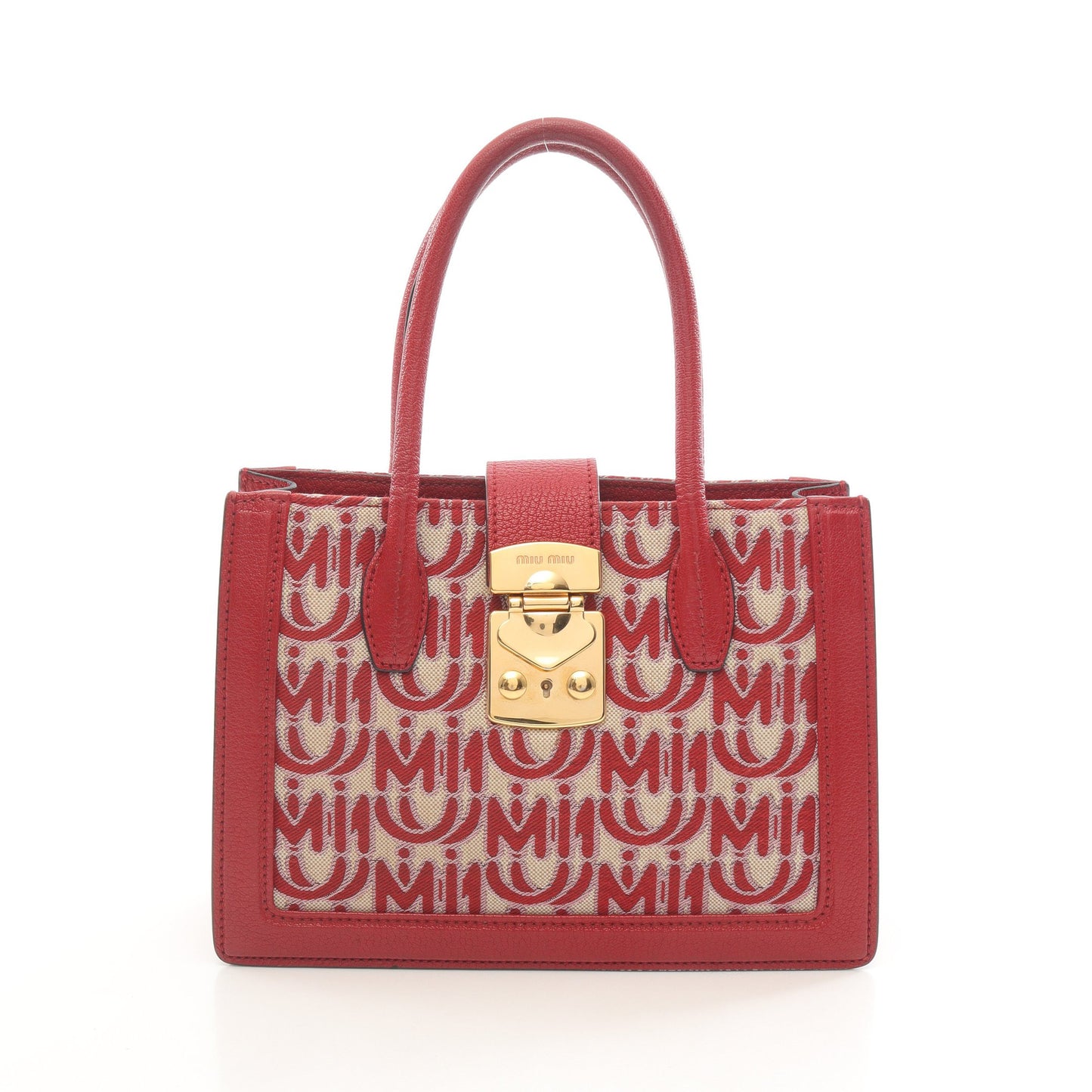 JACQUARD + MADRAS ハンドバッグ キャンバス レザー レッド ベージュ ミュウミュウ バッグ miu miu
