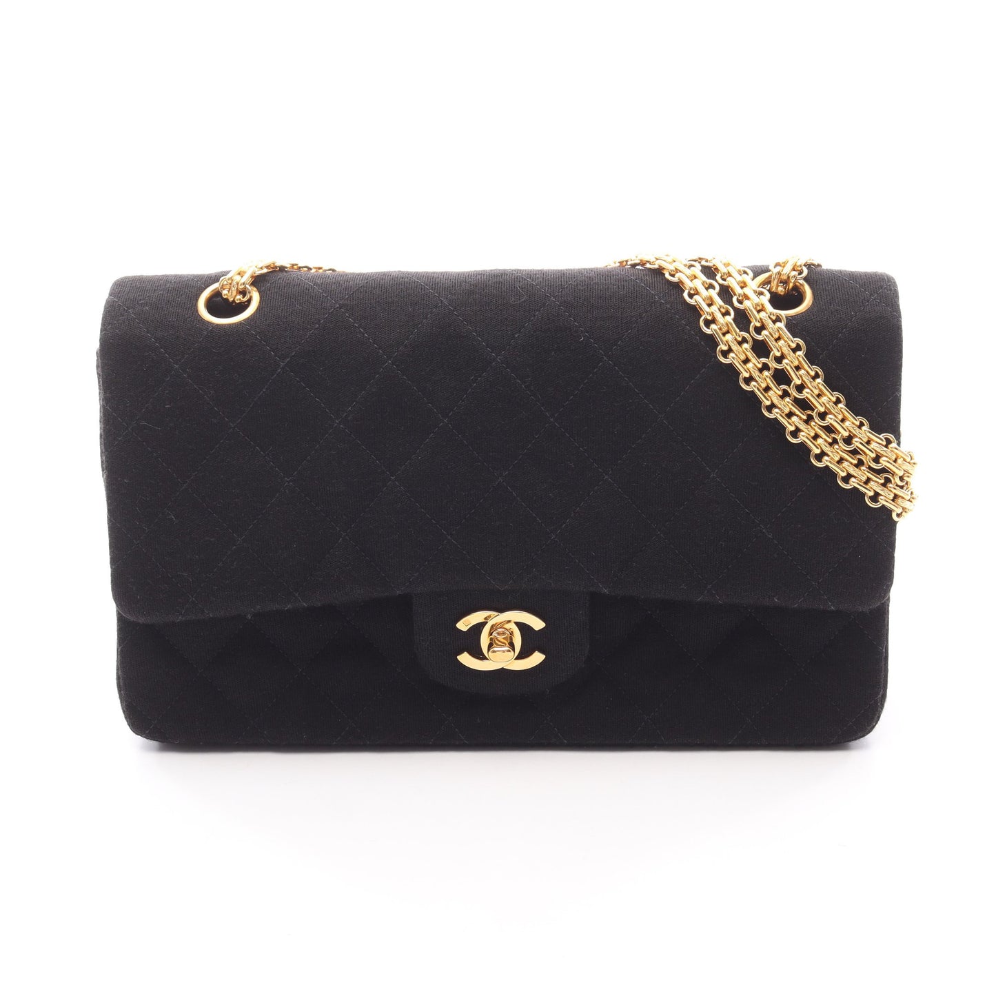 マトラッセ Wフラップ Wチェーンショルダーバッグ コットンジャージー ブラック ゴールド金具 シャネル バッグ CHANEL