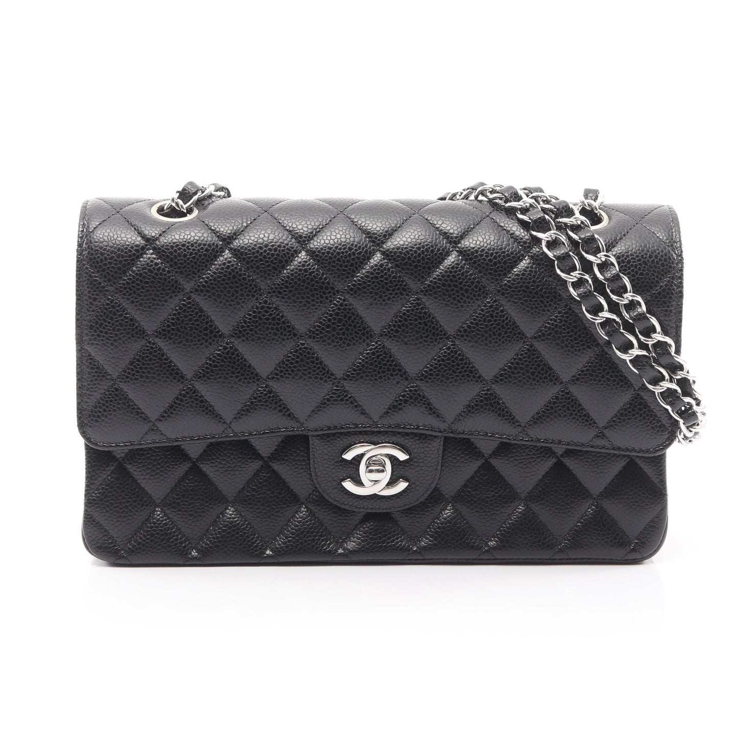 マトラッセ Wフラップ Wチェーンショルダーバッグ キャビアスキン ブラック シルバー金具 シャネル バッグ CHANEL