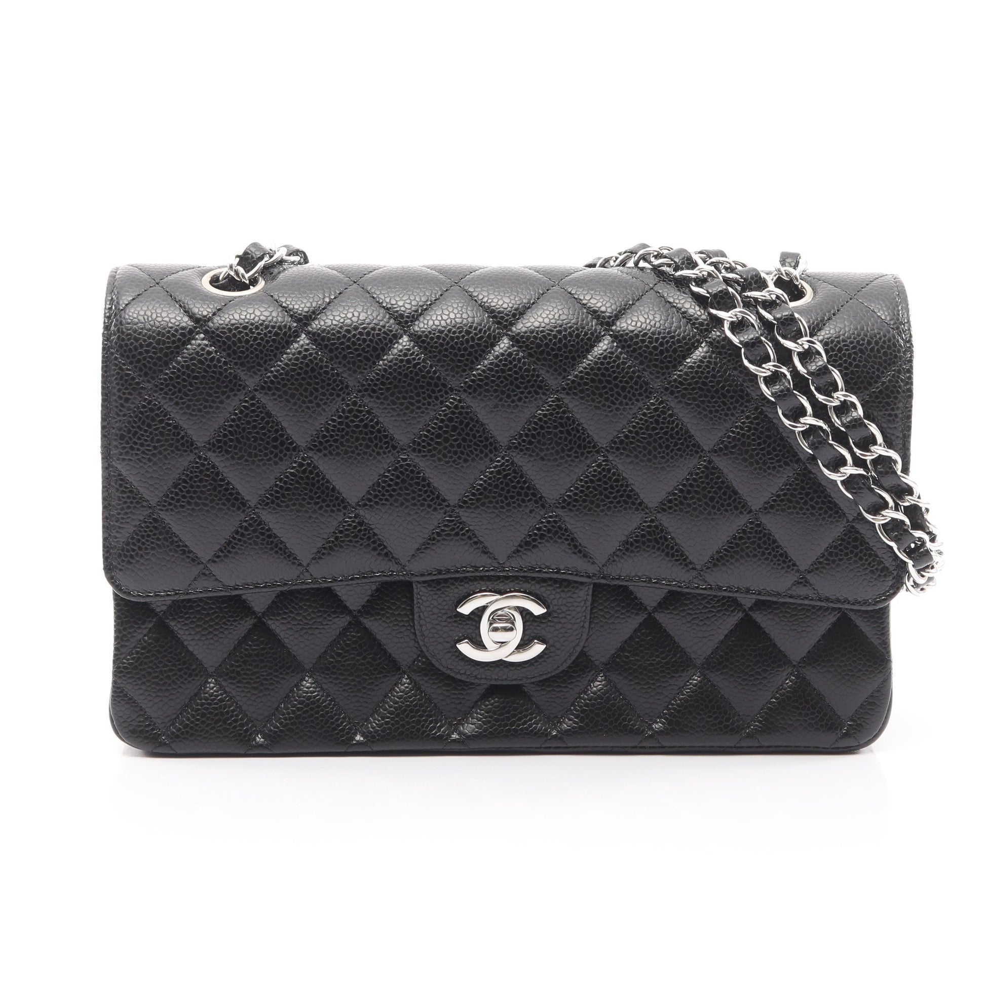 マトラッセ Wフラップ Wチェーンショルダーバッグ キャビアスキン ブラック シルバー金具 シャネル バッグ CHANEL