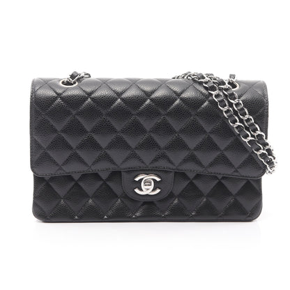 マトラッセ Wフラップ Wチェーンショルダーバッグ キャビアスキン ブラック シルバー金具 シャネル バッグ CHANEL