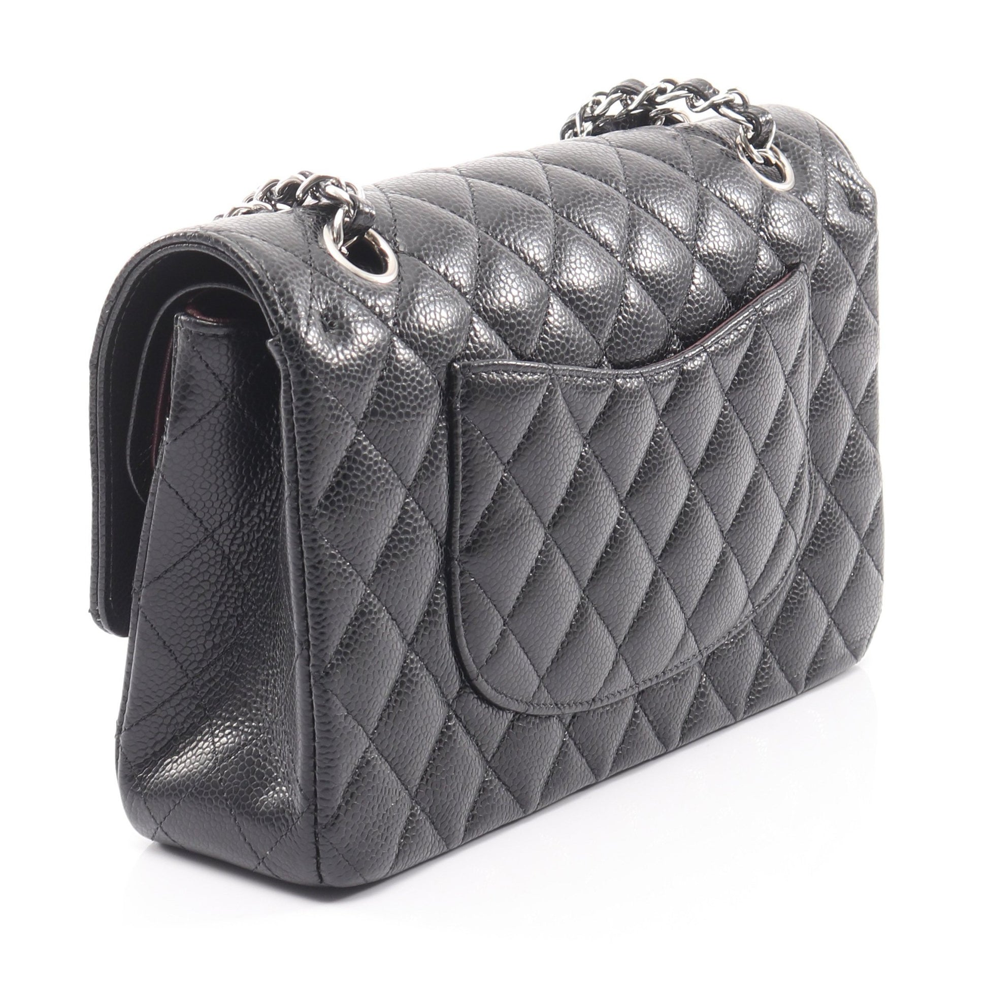 マトラッセ Wフラップ Wチェーンショルダーバッグ キャビアスキン ブラック シルバー金具 シャネル バッグ CHANEL
