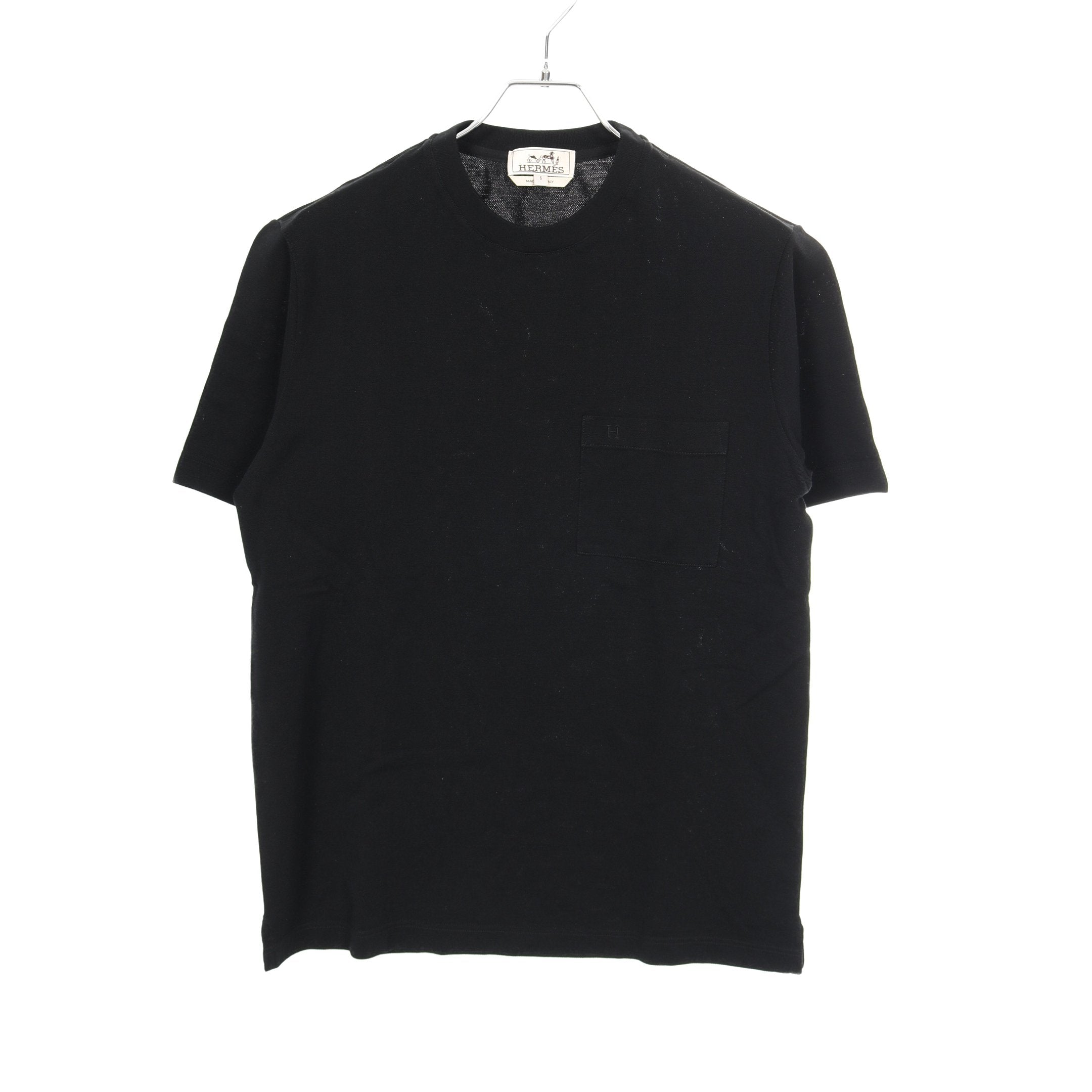 H刺繍 ポケット Tシャツ クルーネック 半袖 コットン ブラック
