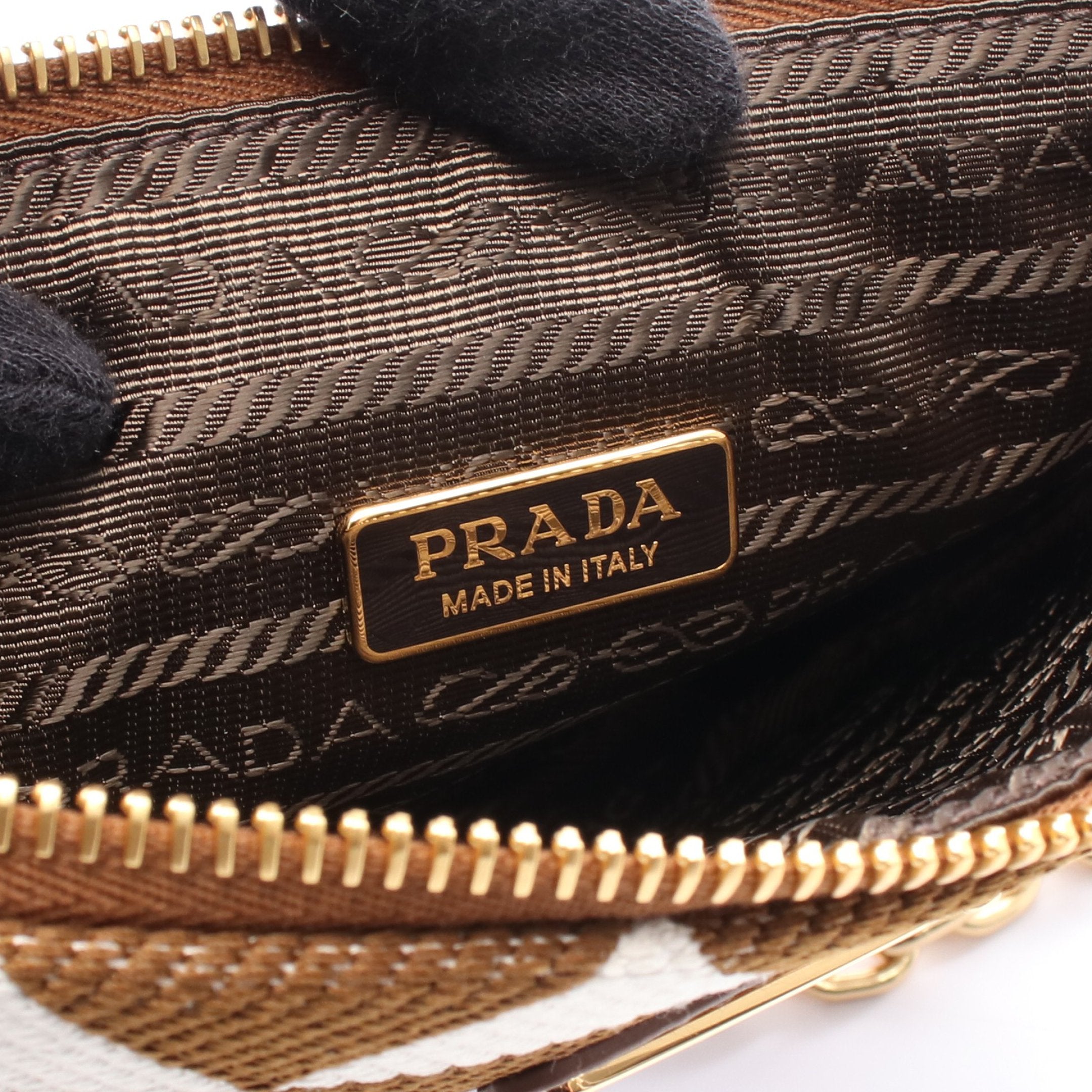 PRADAチェーンショルダーバッグ ナイロン ブラウン 白タグ50 トライアングル チェーンショルダーバッグ キャンバス レザー ブラウン
