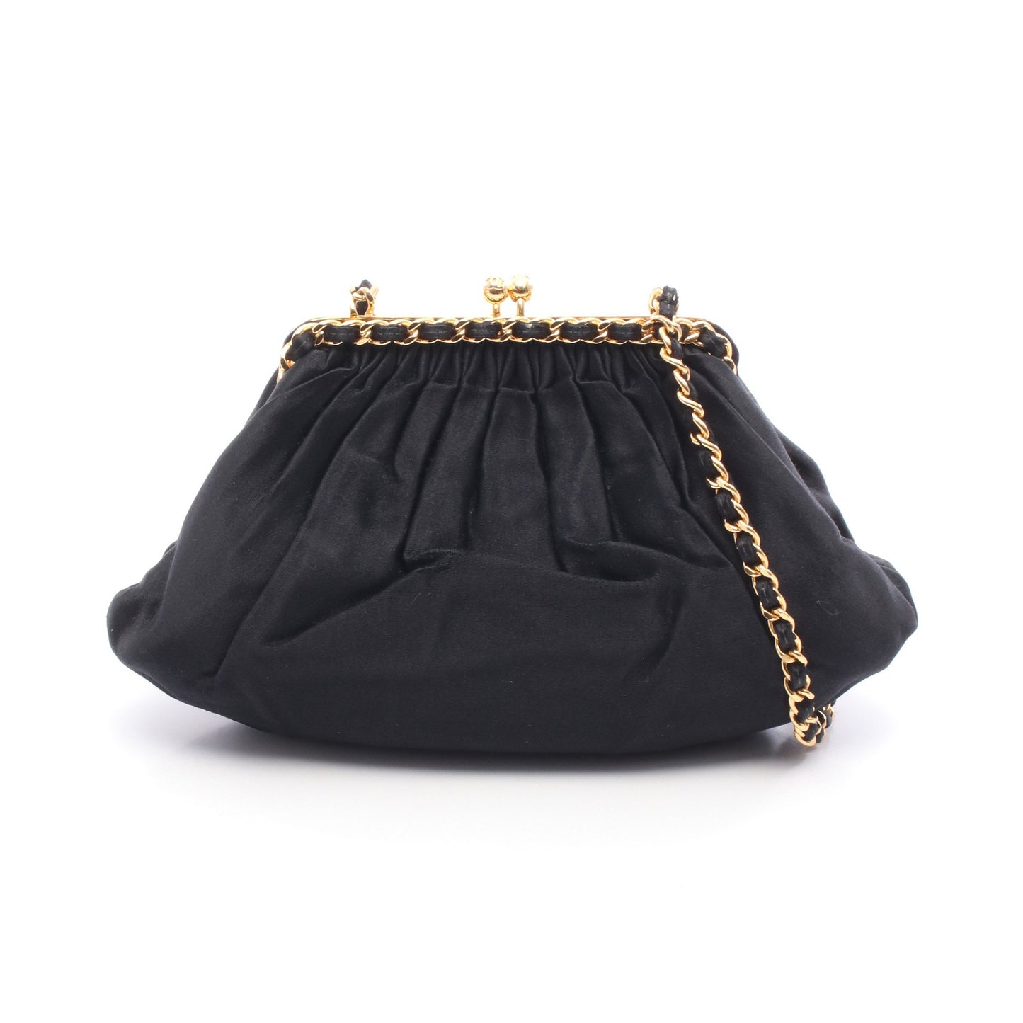 チェーンショルダーバッグ サテン ブラック ゴールド金具 がま口 シャネル バッグ CHANEL