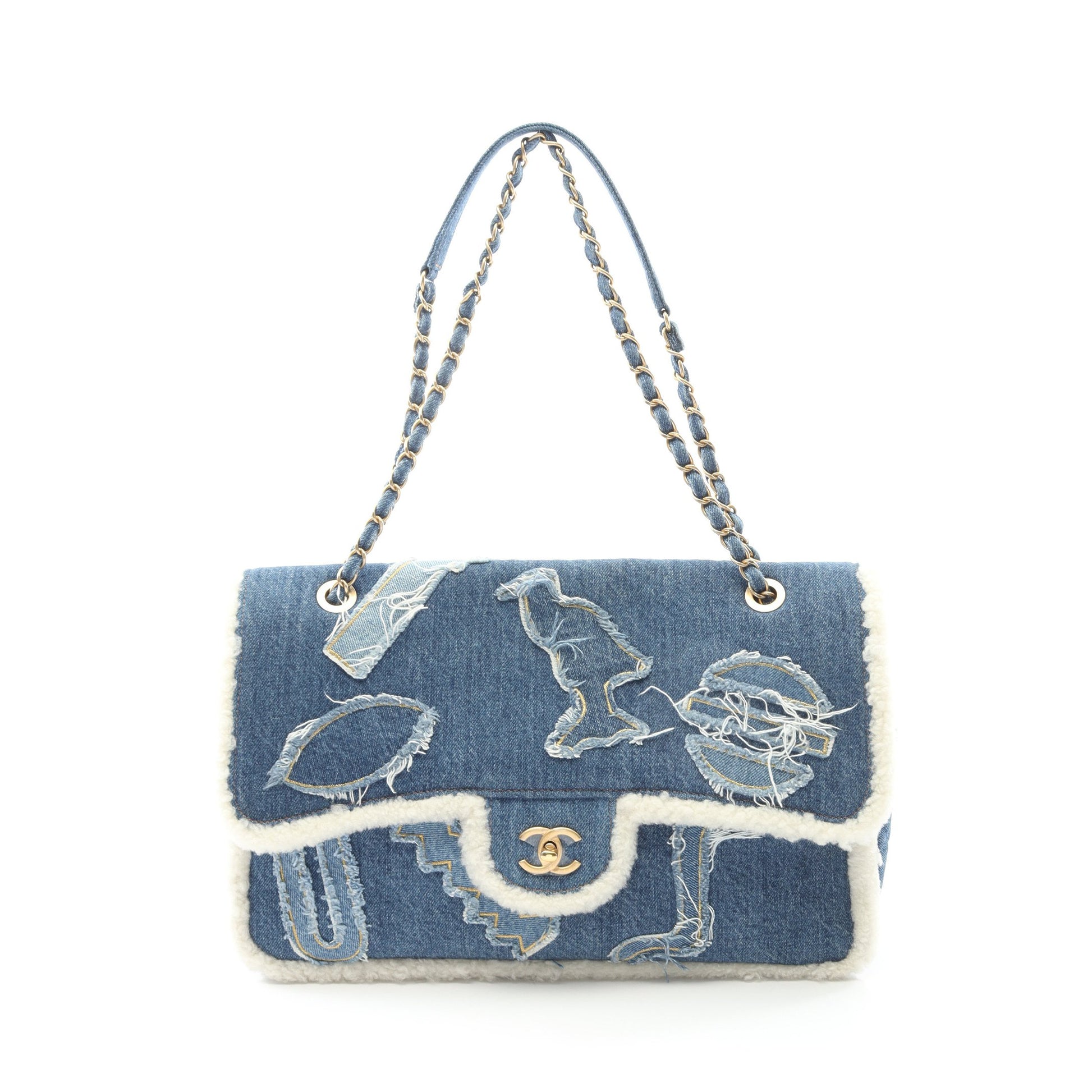 エジプトライン チェーンショルダーバッグ デニム ムートン ブルー ホワイト ゴールド金具 シャネル バッグ CHANEL