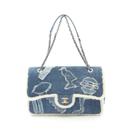 エジプトライン チェーンショルダーバッグ デニム ムートン ブルー ホワイト ゴールド金具 シャネル バッグ CHANEL