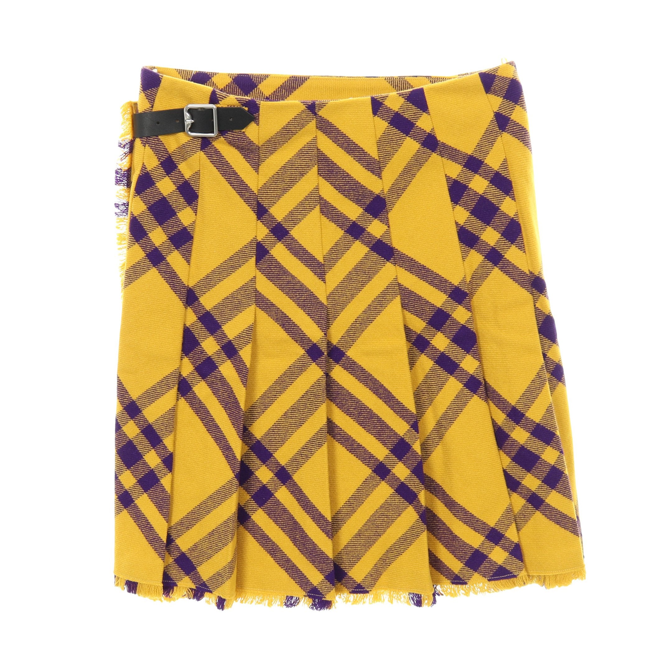 プリーツ ラップスカート チェック ウール イエロー パープル フリンジ