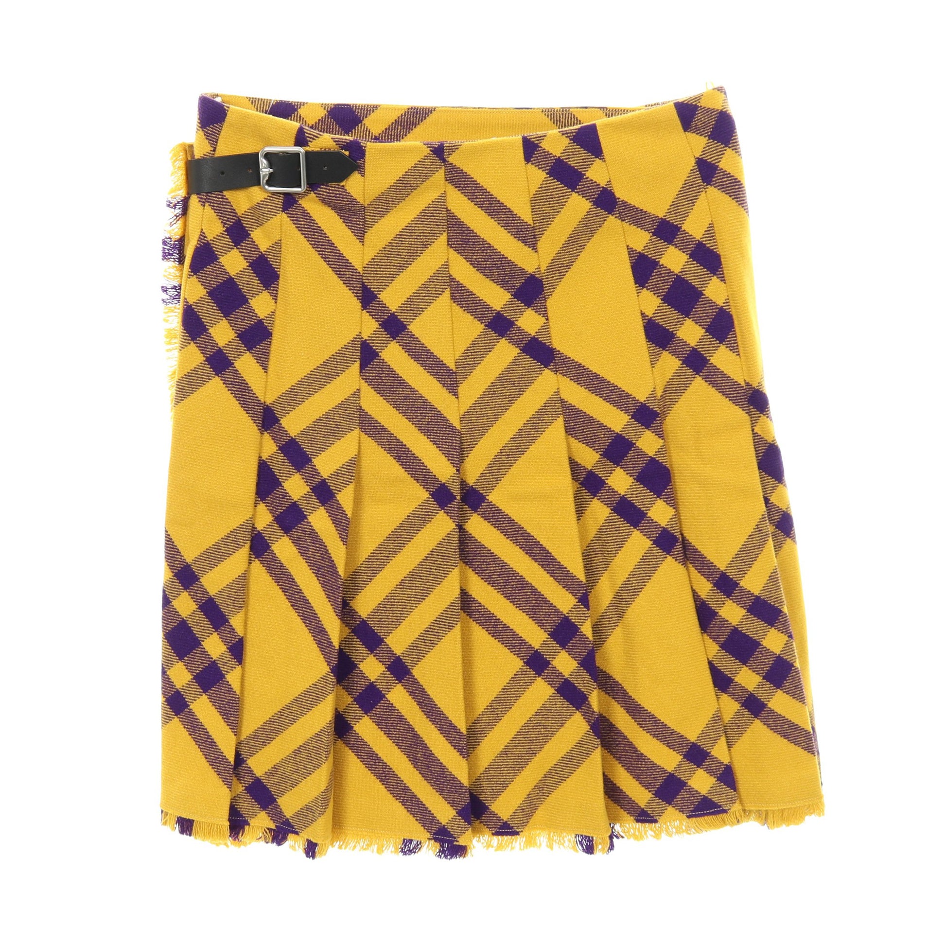 プリーツ ラップスカート チェック ウール イエロー パープル フリンジ  
