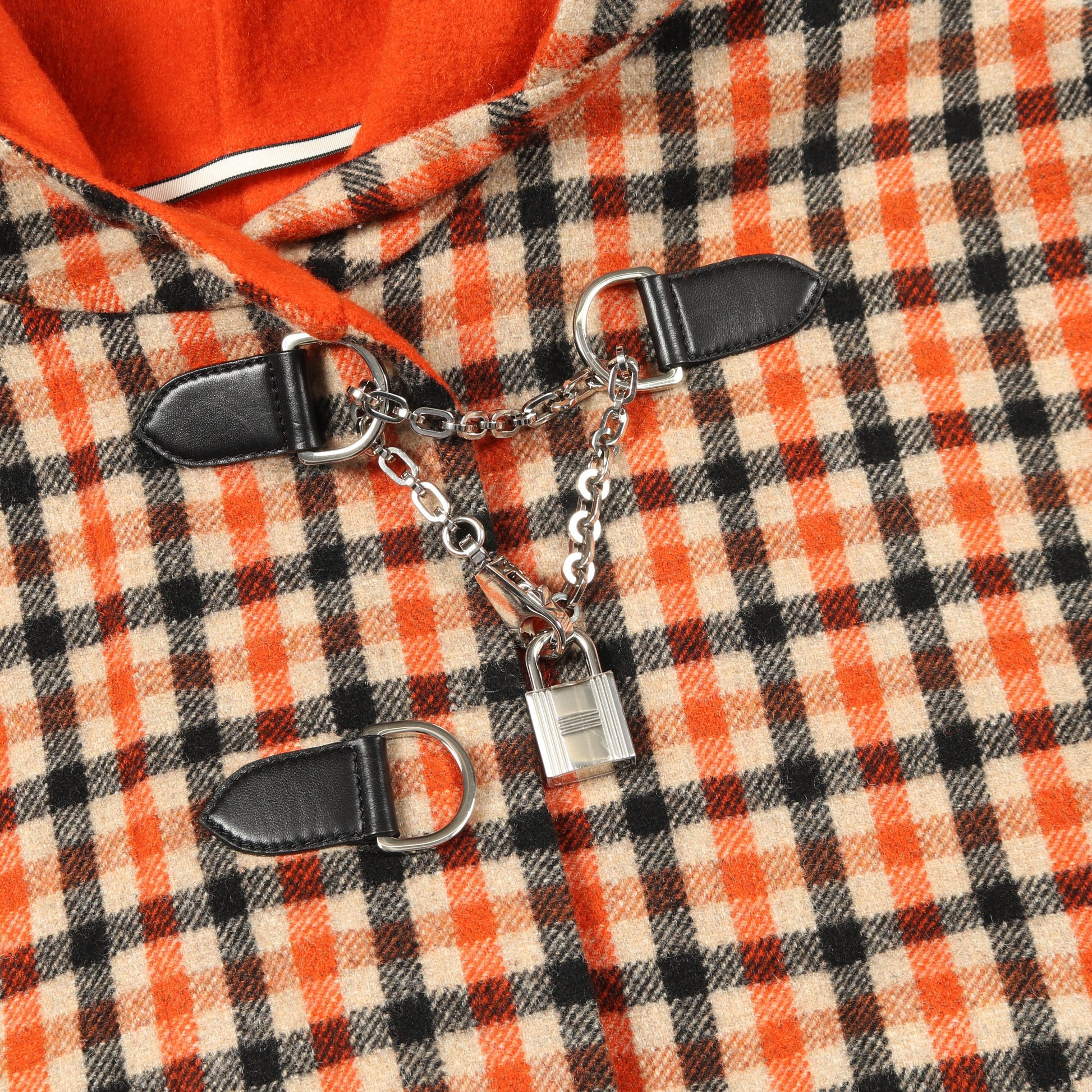 コート チェック カシミヤ ウール オレンジ ベージュ ブラック フード付き エルメス アウター HERMES