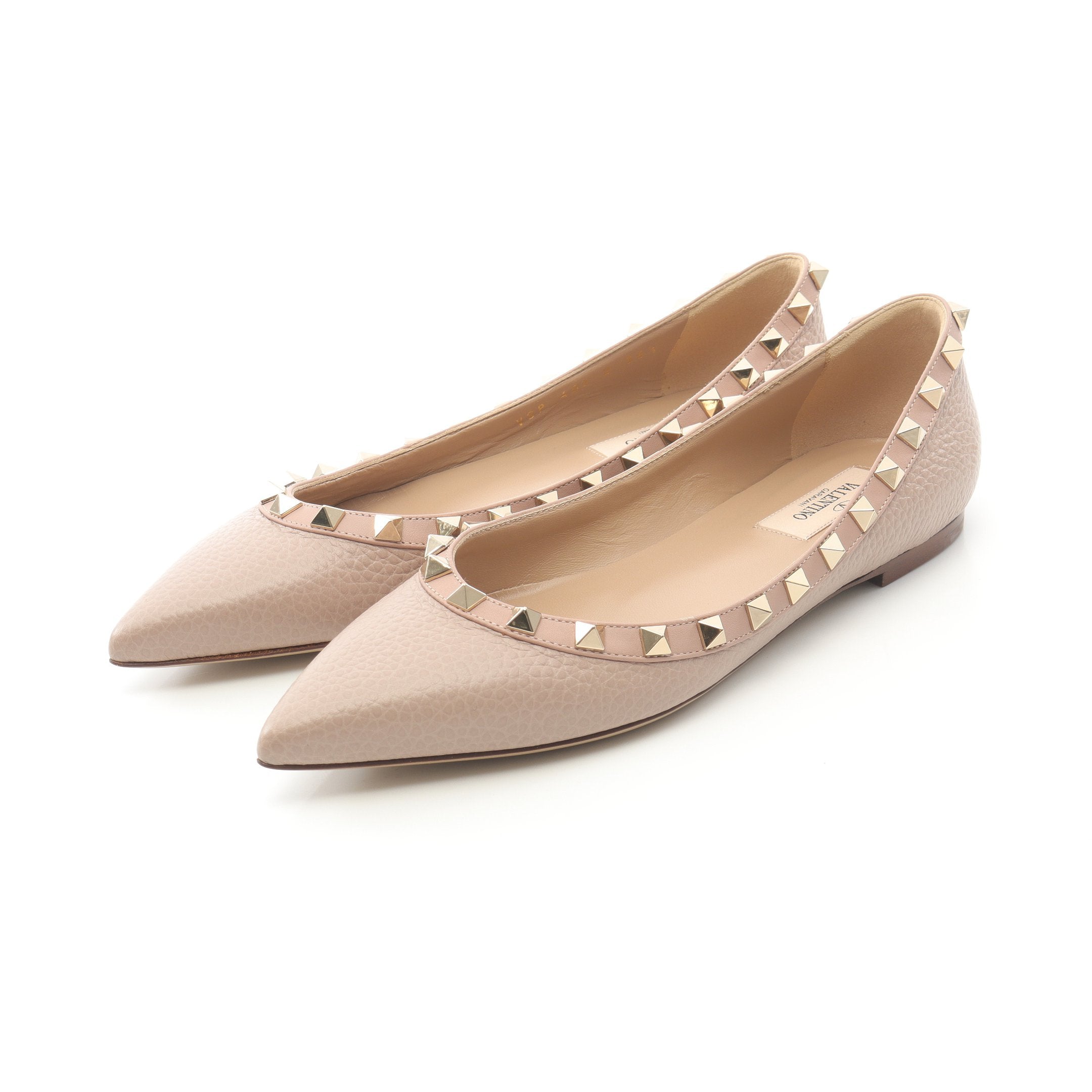 ポインテッドトゥ フラットシューズ レザー ピンクベージュ ロック