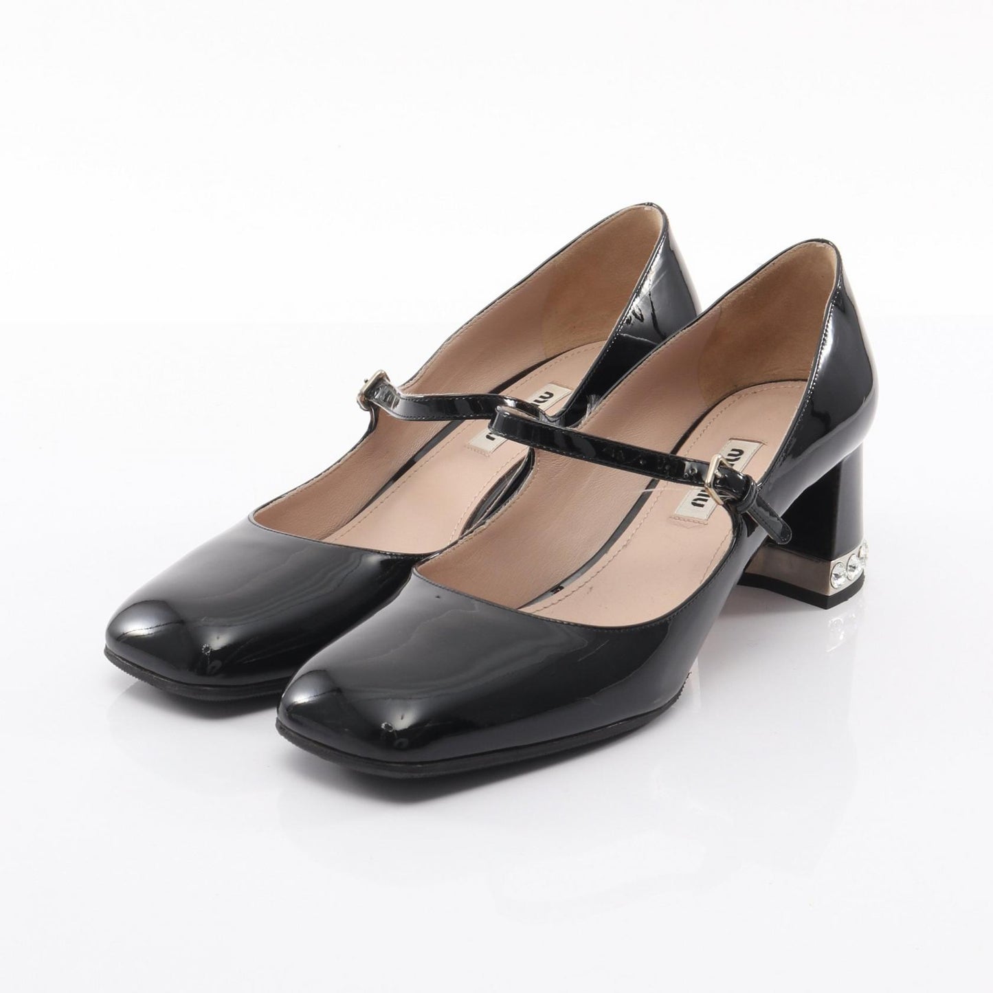 スクエアトゥ メリージェーン パンプス エナメルレザー ブラック ビジュー ミュウミュウ シューズ miu miu