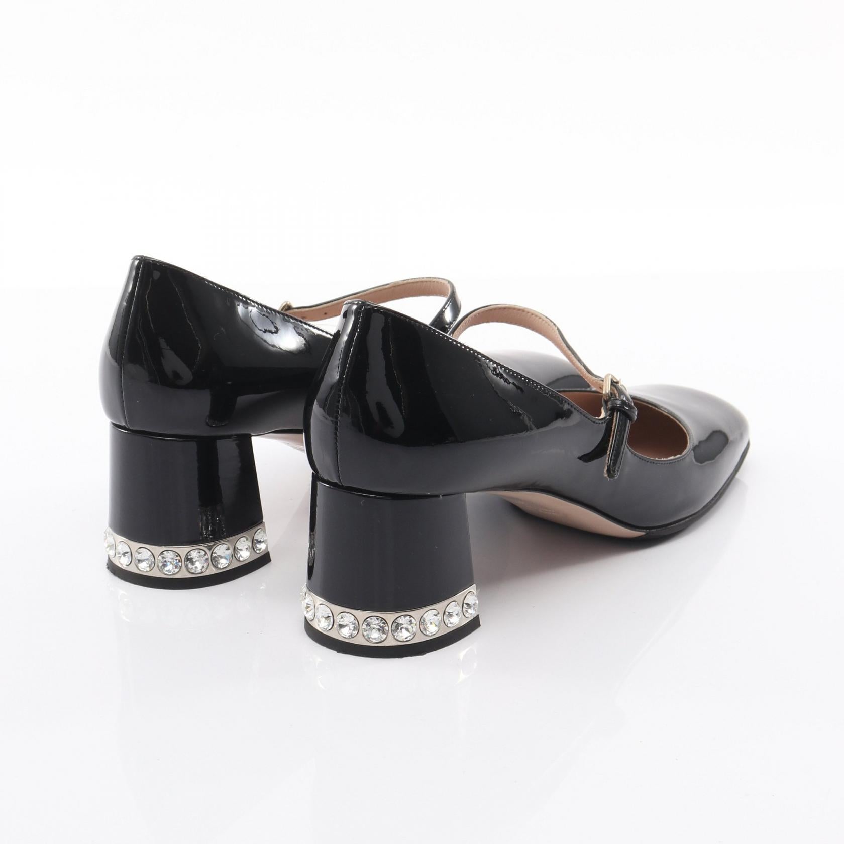 スクエアトゥ メリージェーン パンプス エナメルレザー ブラック ビジュー ミュウミュウ シューズ miu miu
