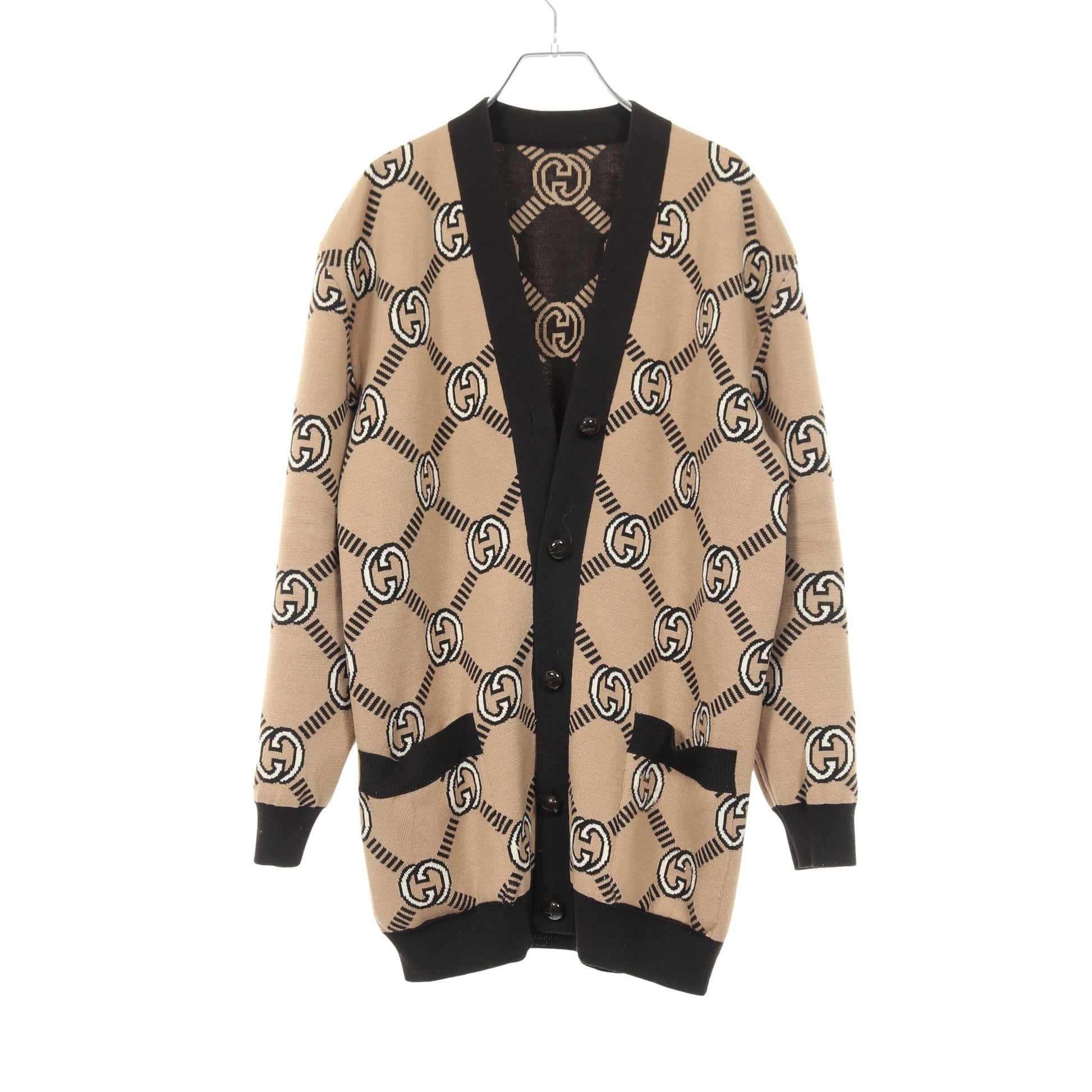 インターロッキングG リバーシブル カーディガン ウール ダークブラウン ベージュ グッチ トップス GUCCI
