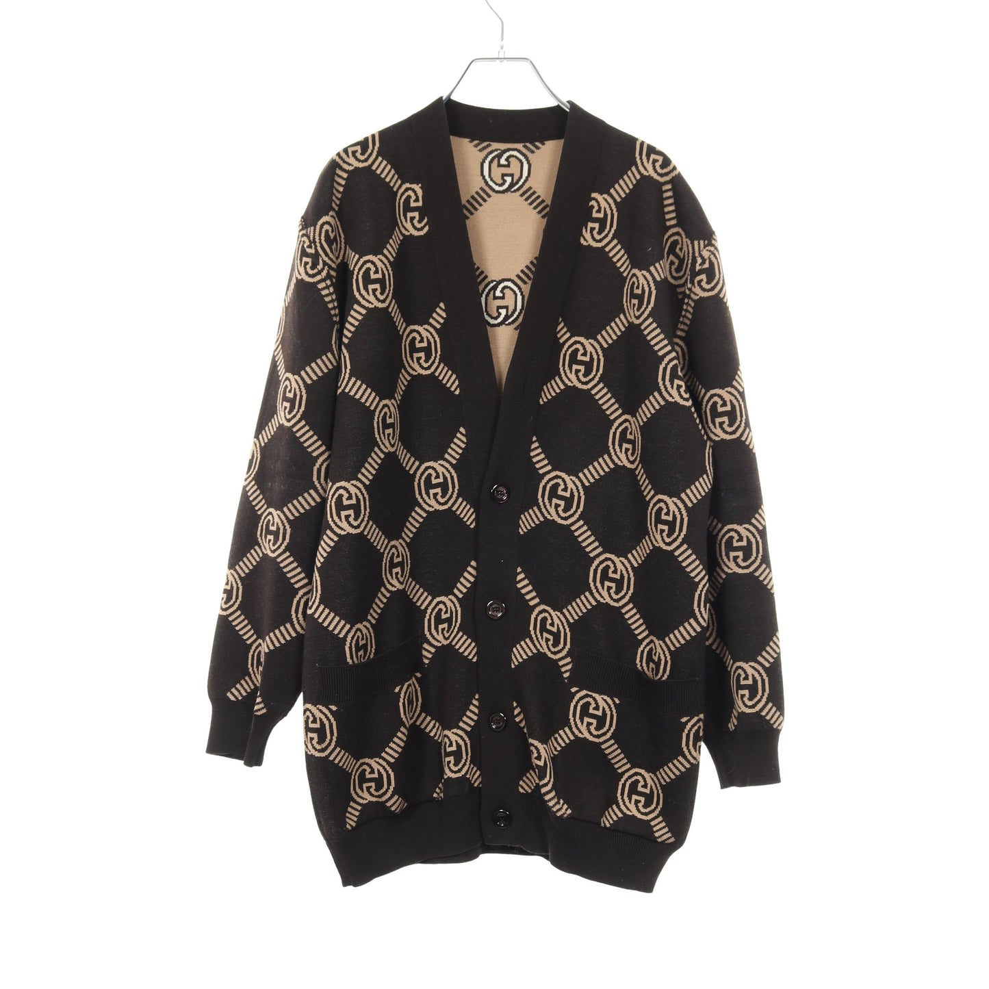 インターロッキングG リバーシブル カーディガン ウール ダークブラウン ベージュ グッチ トップス GUCCI