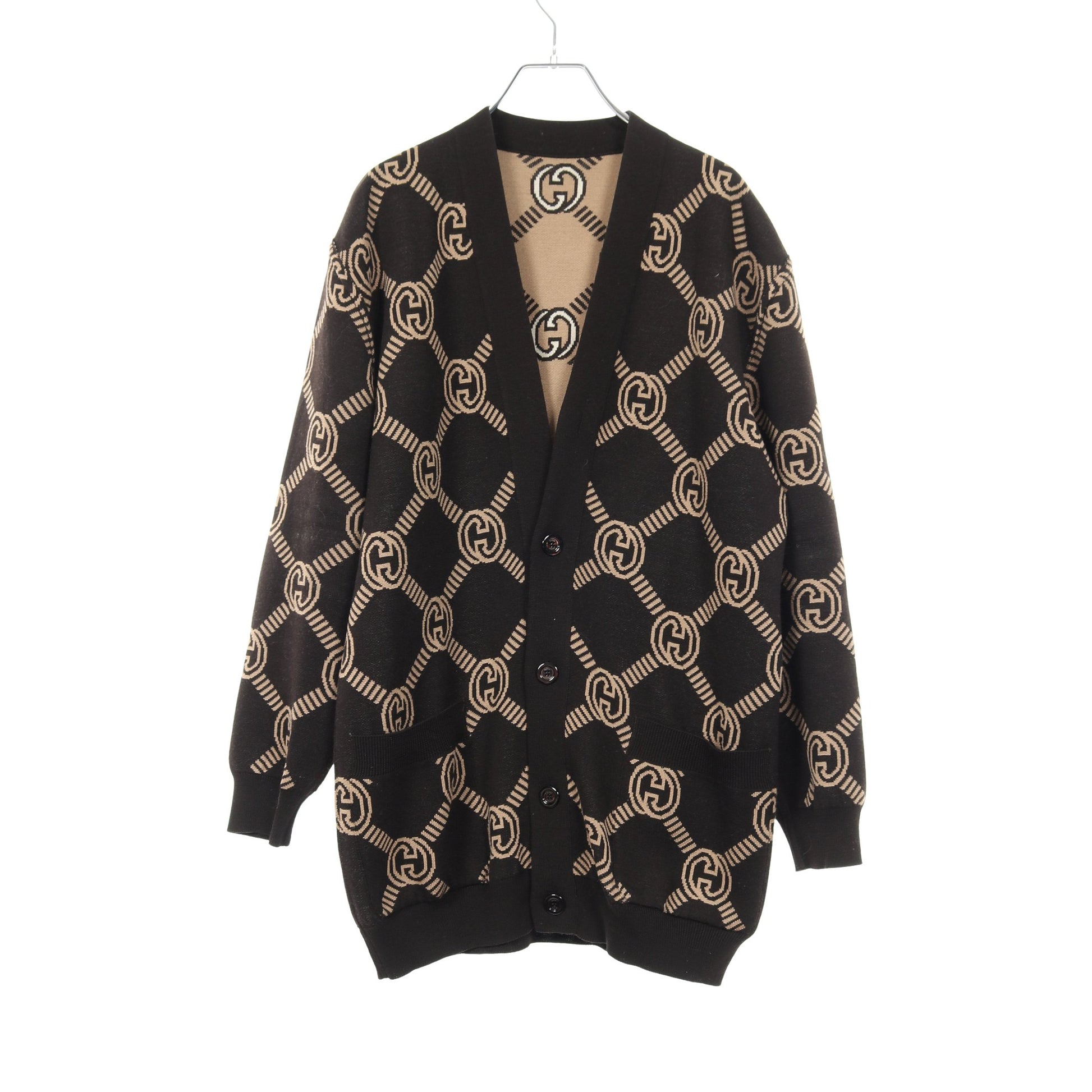 インターロッキングG リバーシブル カーディガン ウール ダークブラウン ベージュ グッチ トップス GUCCI