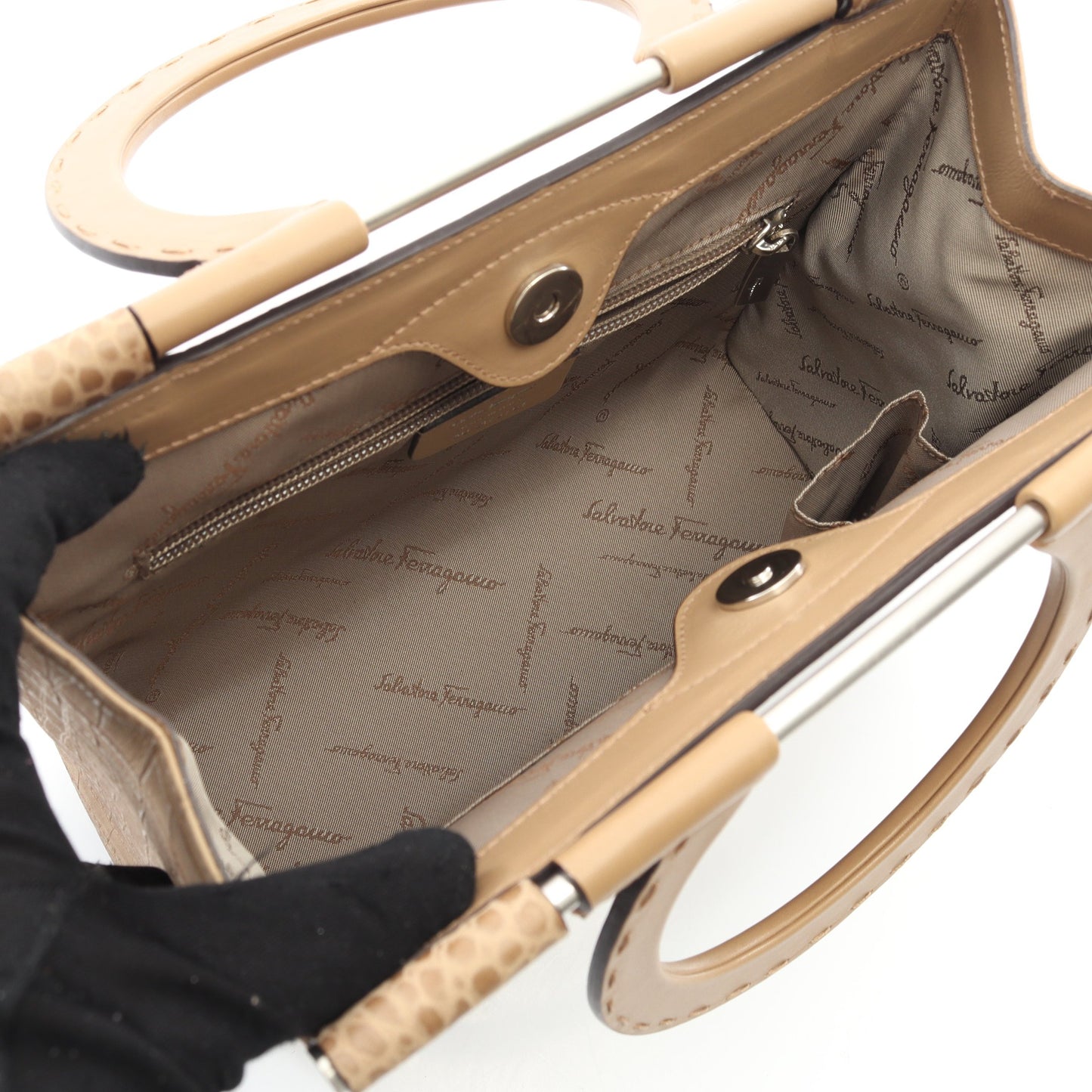ガンチーニ ハンドバッグ レザー ベージュ クロコ型押し サルヴァトーレフェラガモ バッグ Salvatore Ferragamo