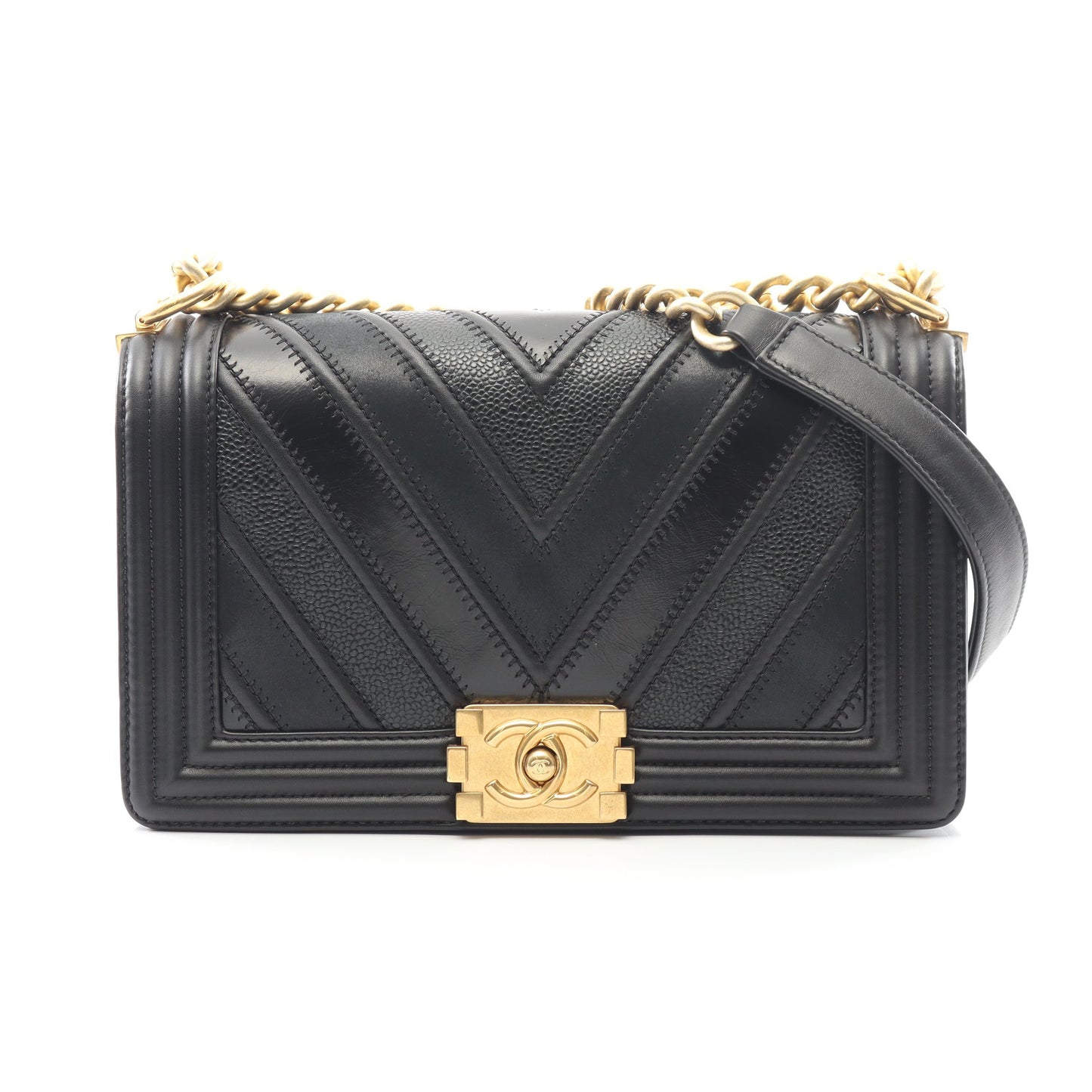 ボーイシャネル シェブロン Vステッチ チェーンショルダーバッグ レザー ブラック ゴールド金具 シャネル バッグ CHANEL
