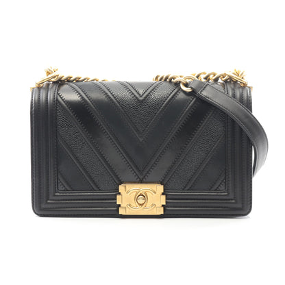 ボーイシャネル シェブロン Vステッチ チェーンショルダーバッグ レザー ブラック ゴールド金具 シャネル バッグ CHANEL
